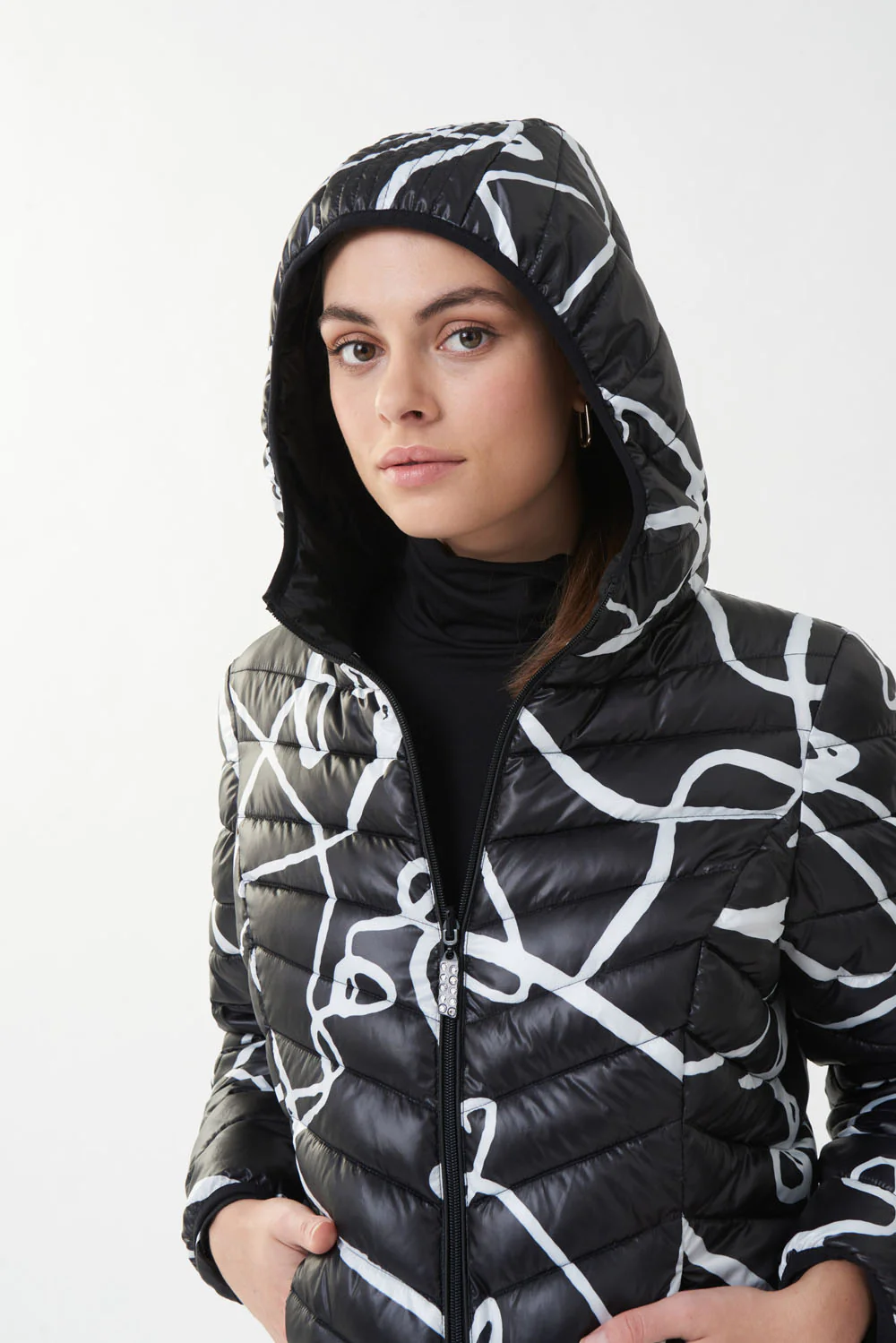 Joseph Ribkoff Black/Vanilla Abstract Puffer Coat Style 223920 - Image 5