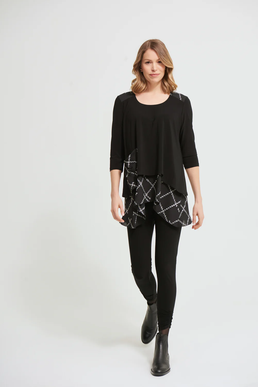 Joseph Ribkoff Black/Vanilla Checkered Top Style 213468 - Image 2