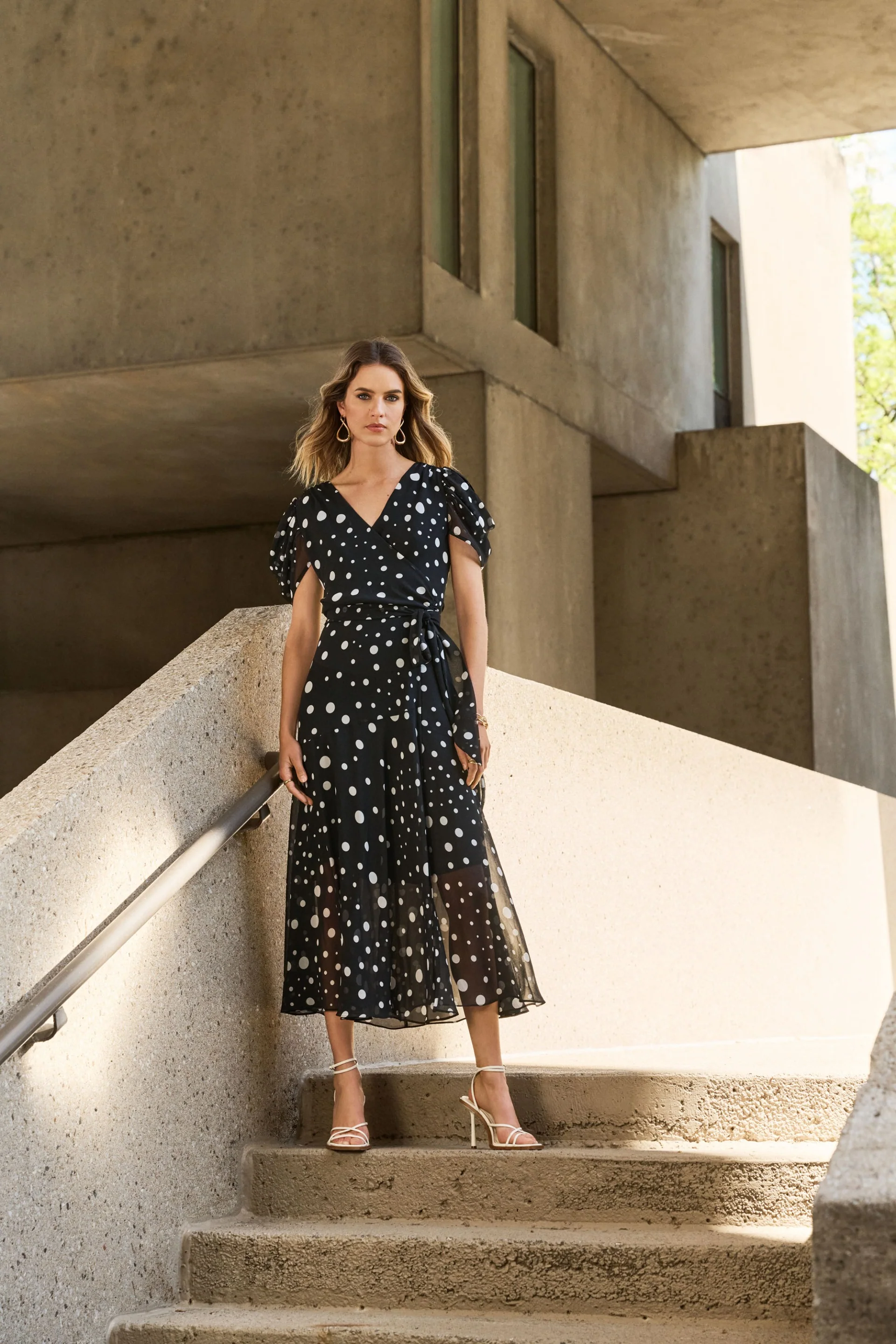 Joseph Ribkoff Black/Vanilla Chiffon Dot Print Wrap Dress Style 251907