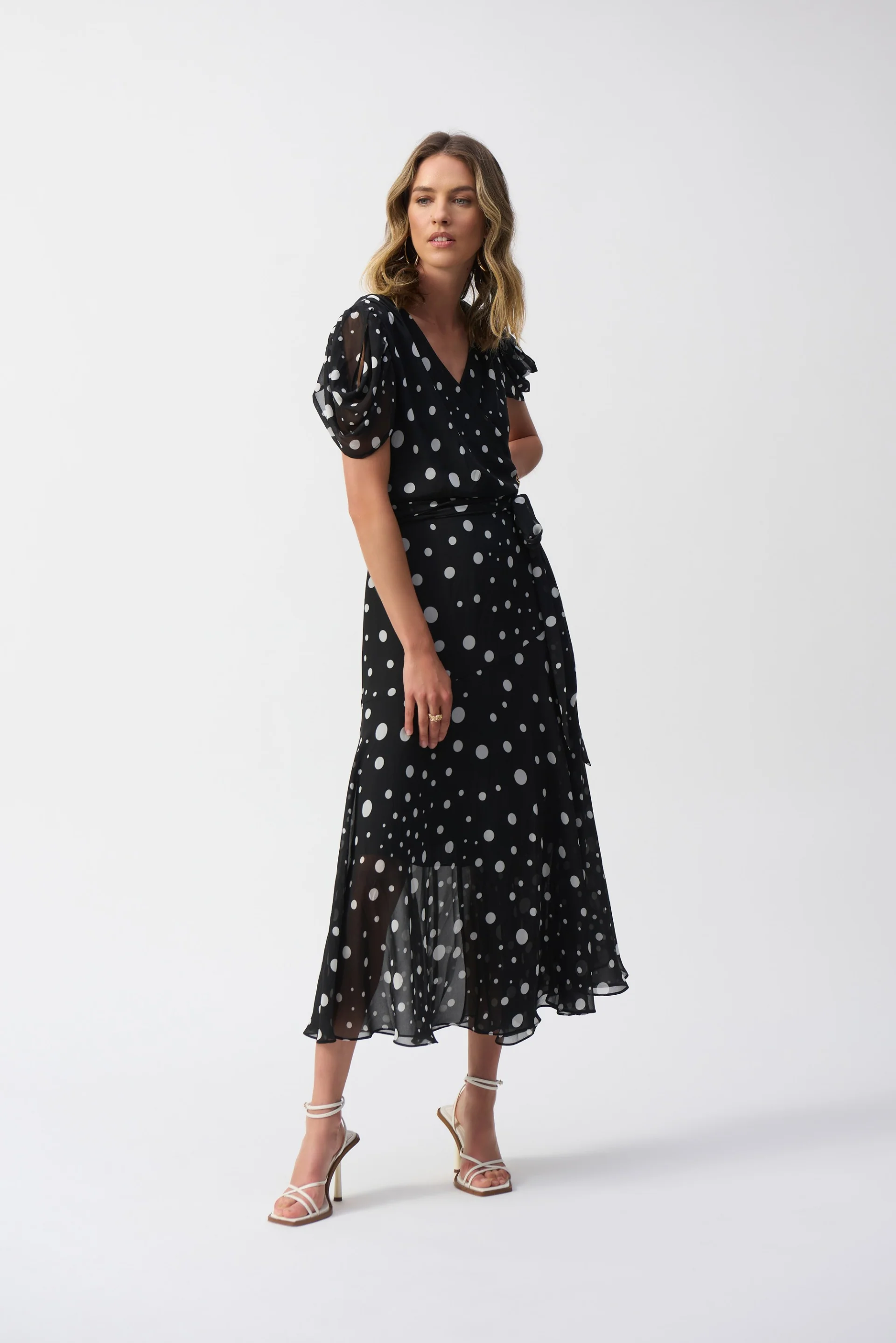 Joseph Ribkoff Black/Vanilla Chiffon Dot Print Wrap Dress Style 251907 - Image 2
