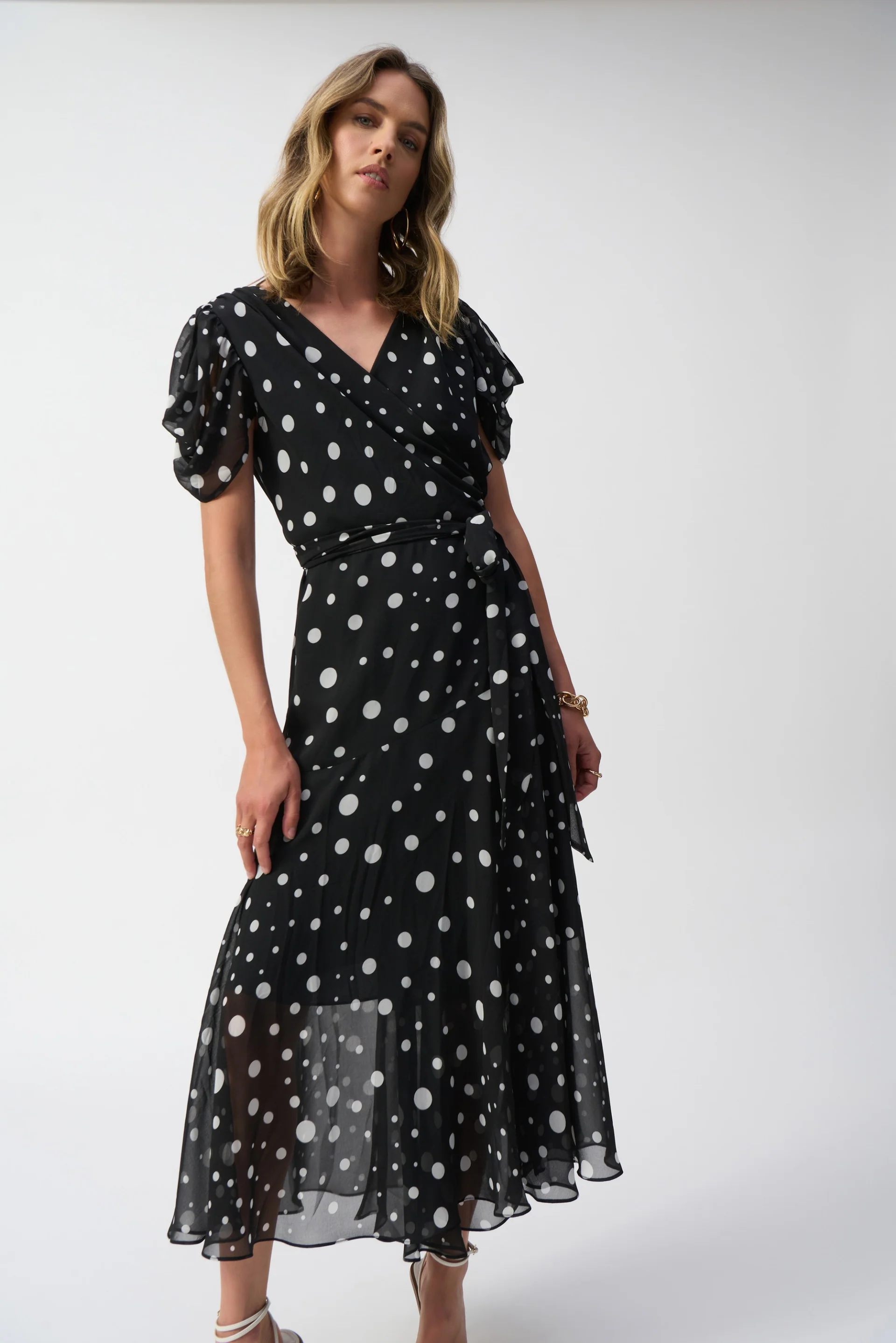 Joseph Ribkoff Black/Vanilla Chiffon Dot Print Wrap Dress Style 251907 - Image 4