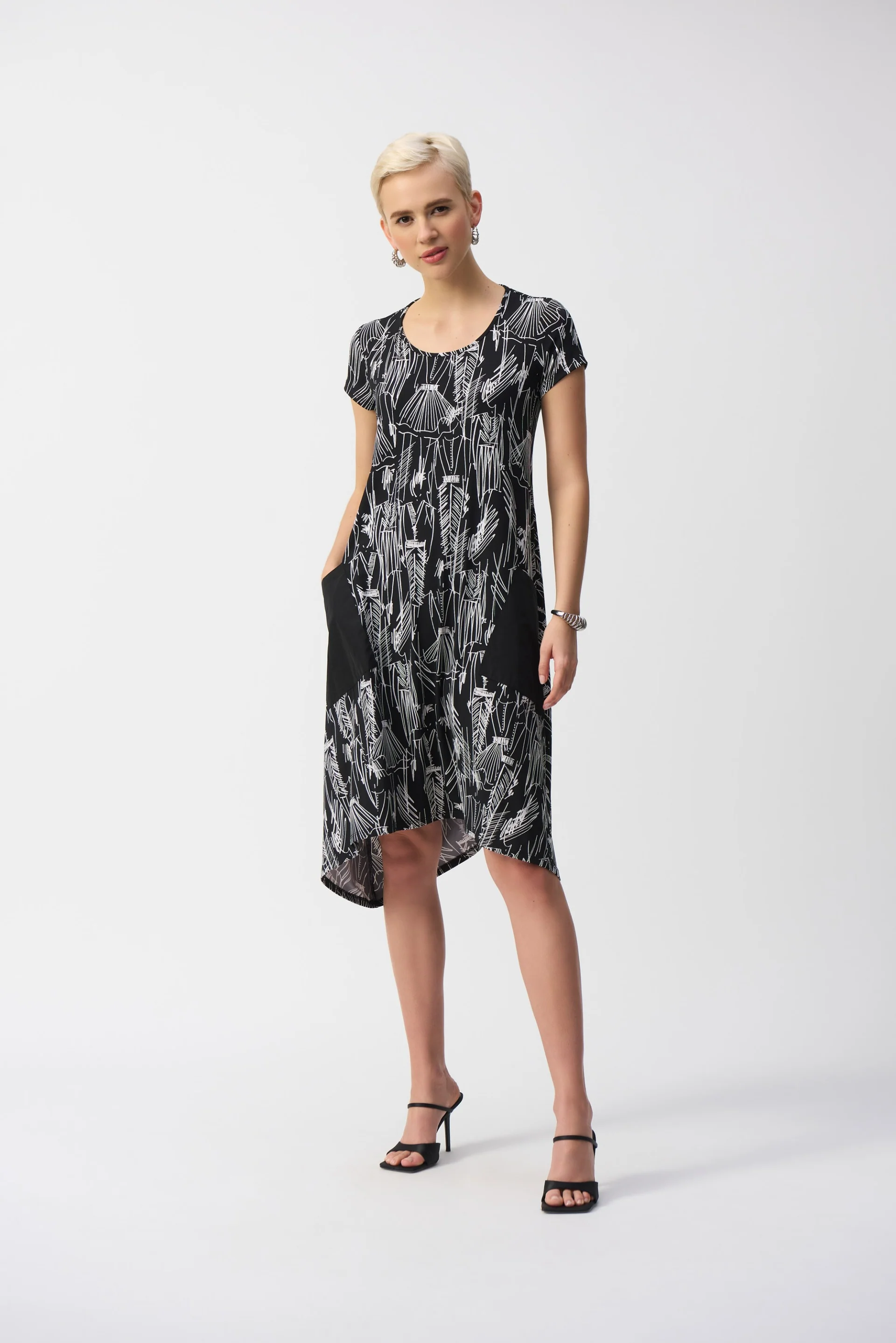 Joseph Ribkoff Black/Vanilla Conversasional Print Cocoon Dress Style 251140 - Image 2