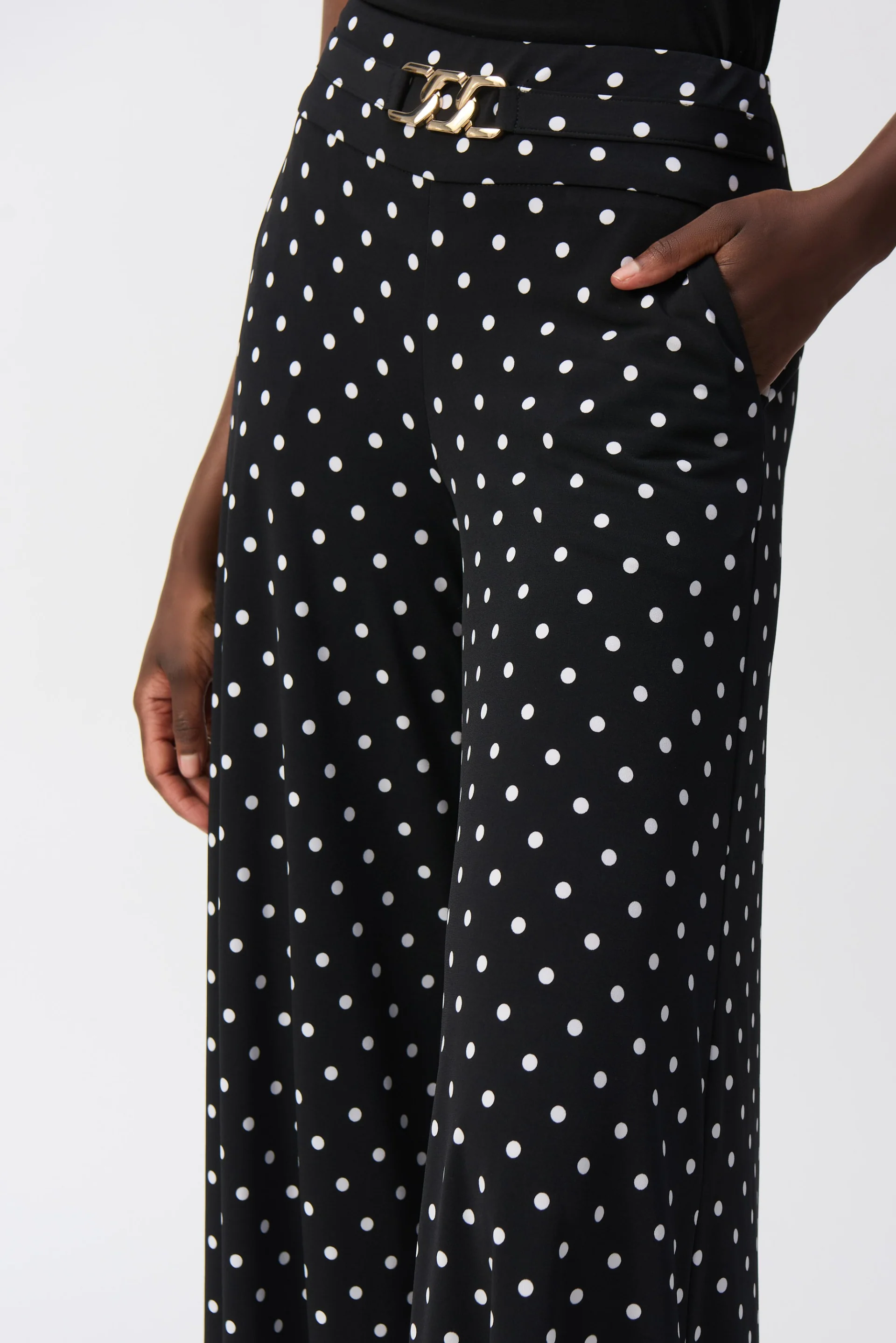 Joseph Ribkoff Black/Vanilla Dot Print Pull-On Culotte Pants Style 251040 - Image 3