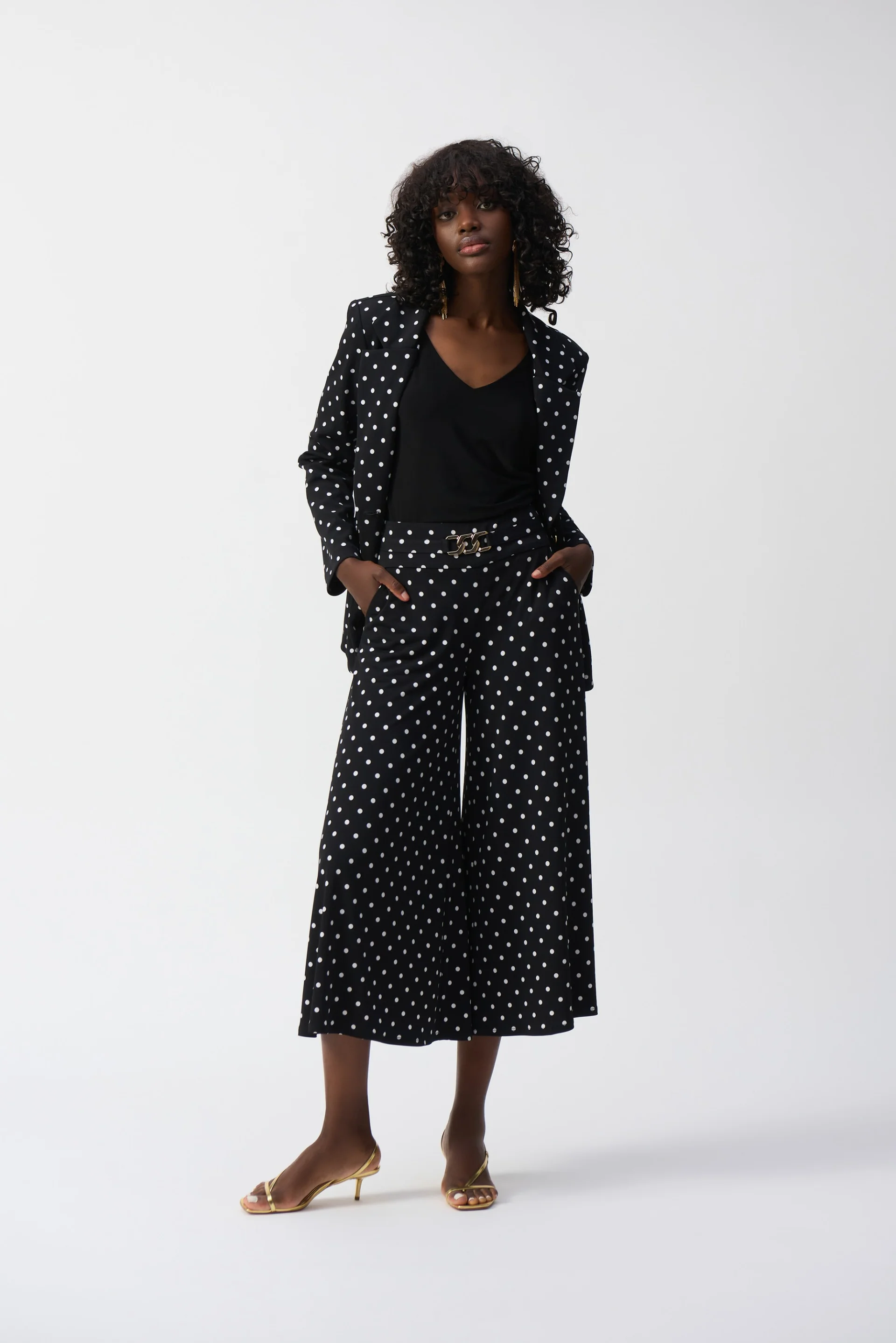 Joseph Ribkoff Black/Vanilla Dot Print Pull-On Culotte Pants Style 251040 - Image 4