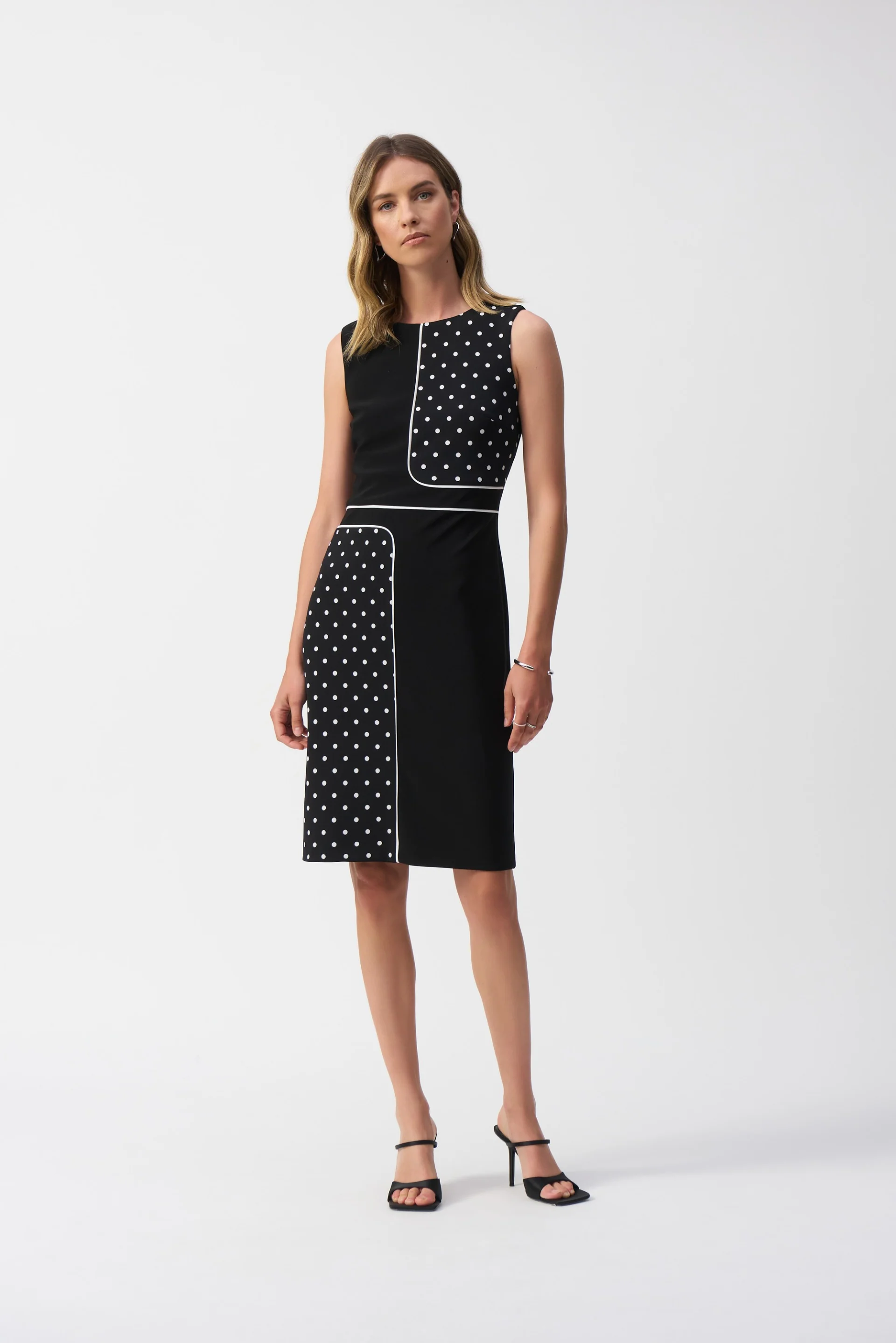 Joseph Ribkoff Black/Vanilla Dot Print Sleeveless Sheath Dress Style 251094 - Image 3