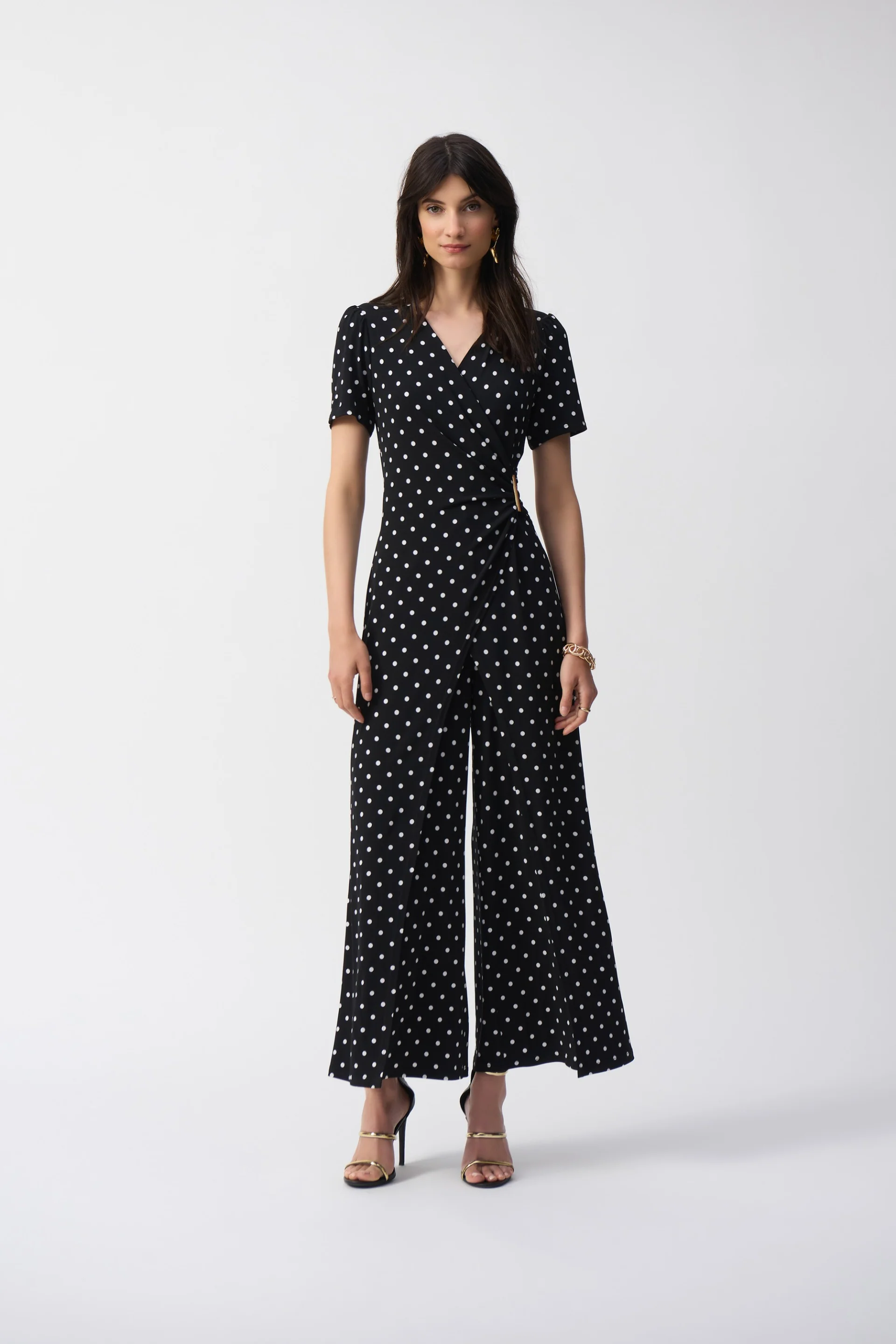 Joseph Ribkoff Black/Vanilla Dot Print Wrap Culotte Jumpsuit Style 251008 - Image 2