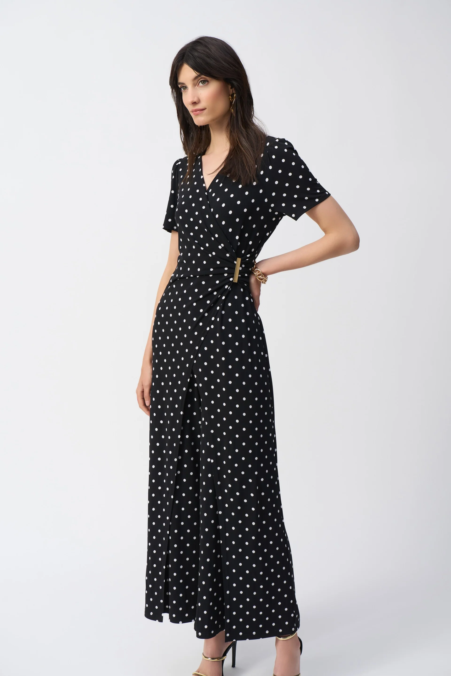 Joseph Ribkoff Black/Vanilla Dot Print Wrap Culotte Jumpsuit Style 251008 - Image 3