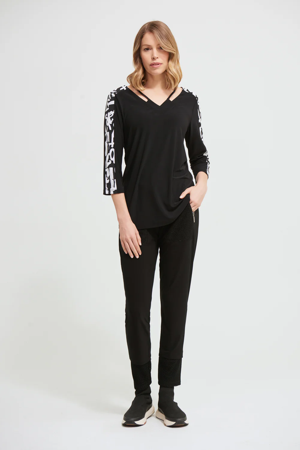 Joseph Ribkoff Black/Vanilla Geometric Trim Top  Style 213568 - Image 2