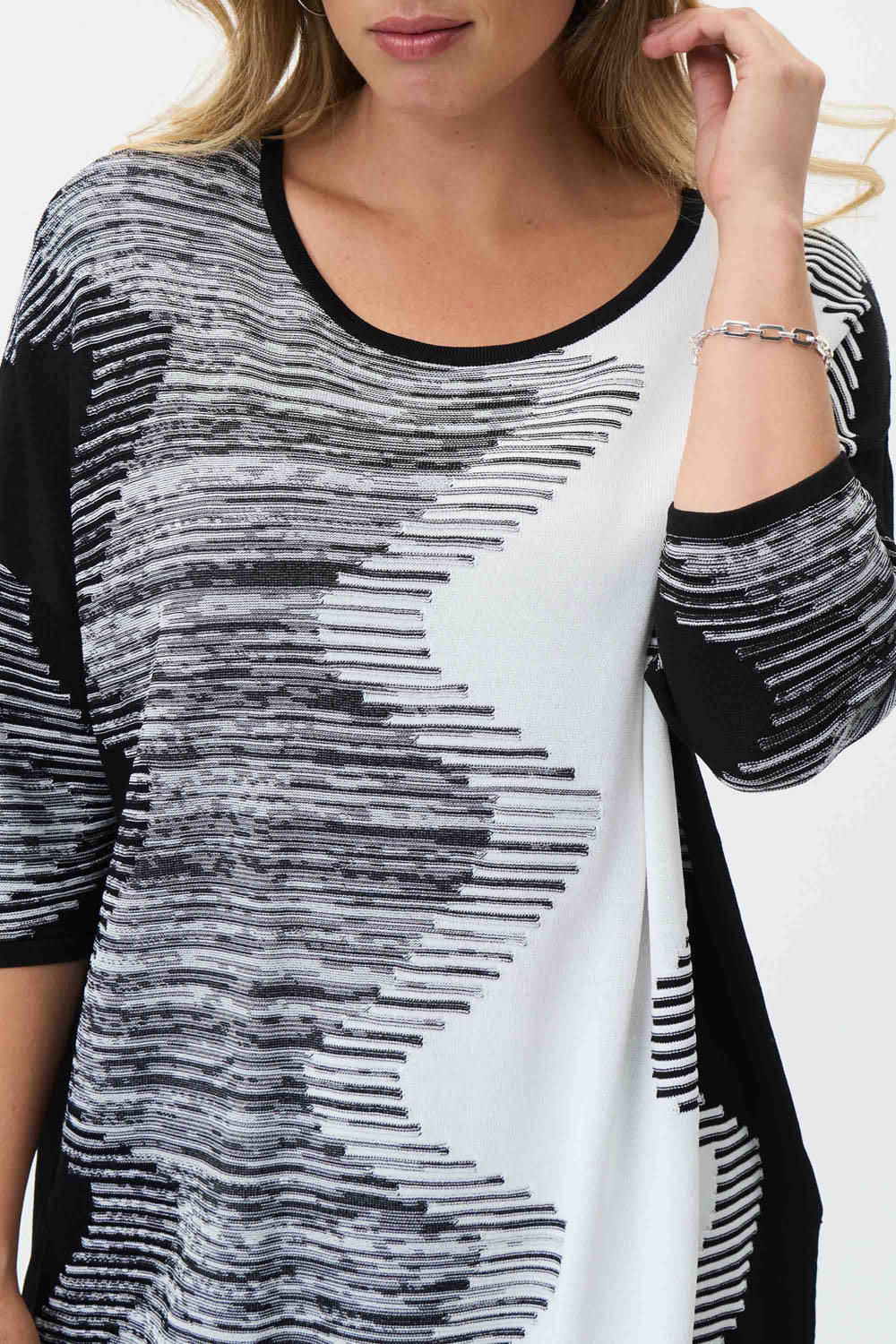 Joseph Ribkoff Black/Vanilla Monochromatic Print Boat Neck Sweater Style 231940 - Image 2