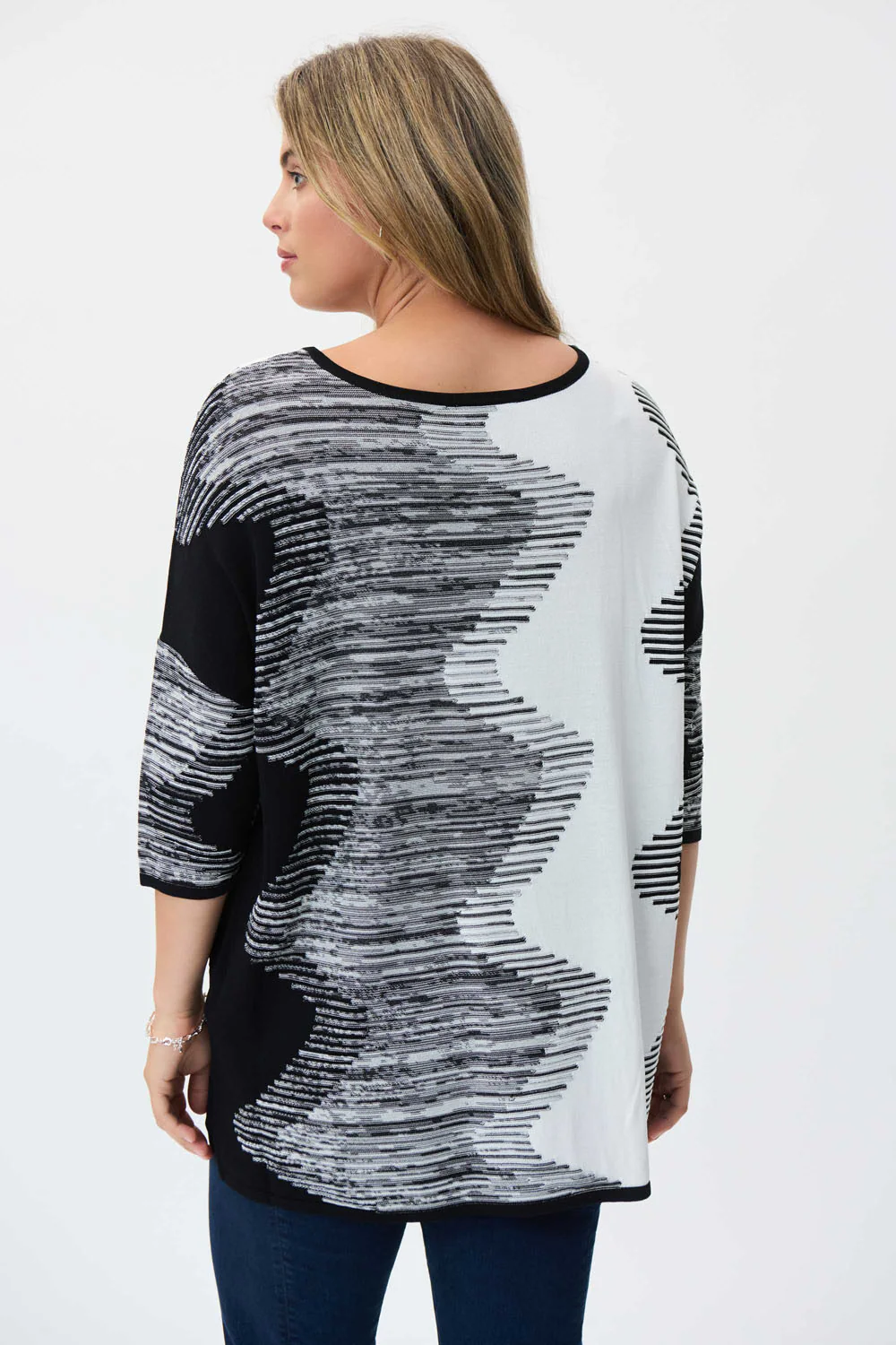 Joseph Ribkoff Black/Vanilla Monochromatic Print Boat Neck Sweater Style 231940 - Image 3