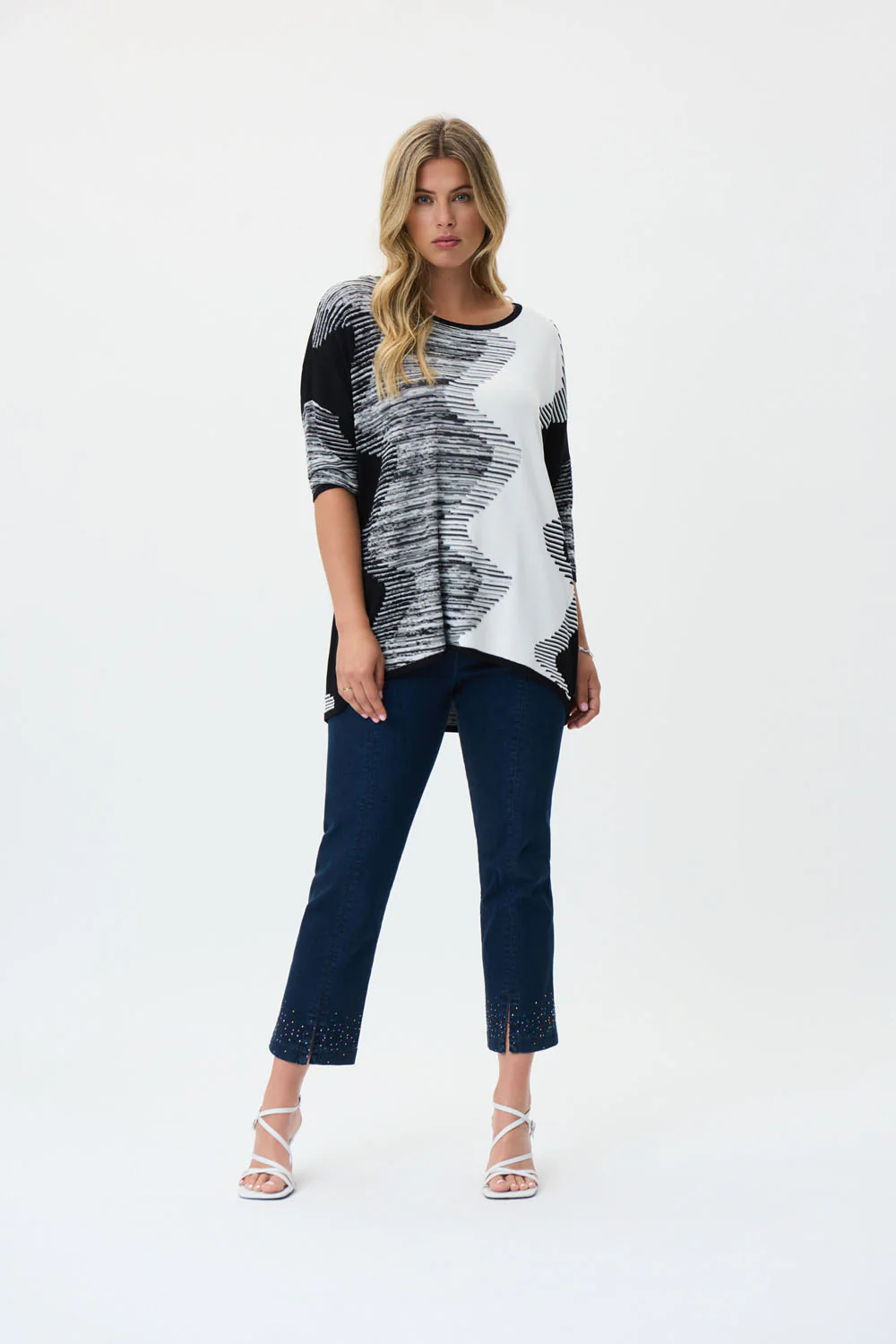 Joseph Ribkoff Black/Vanilla Monochromatic Print Boat Neck Sweater Style 231940 - Image 4