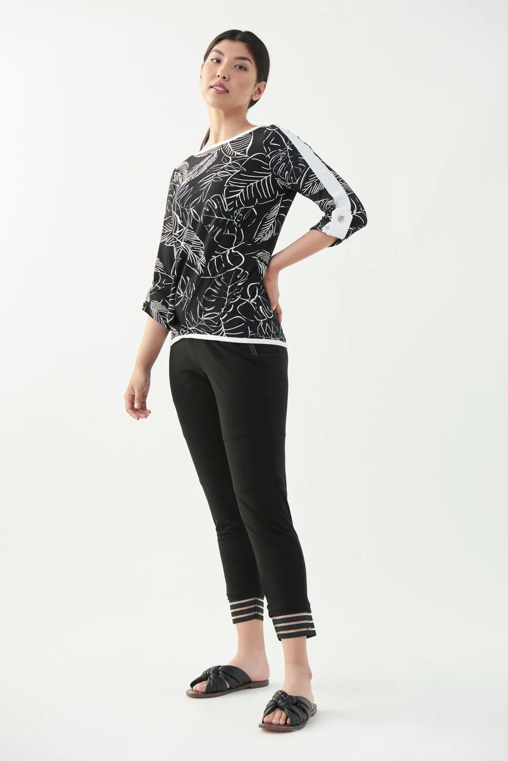 Joseph Ribkoff Black/Vanilla Palm Boat Neck Top Style 221034