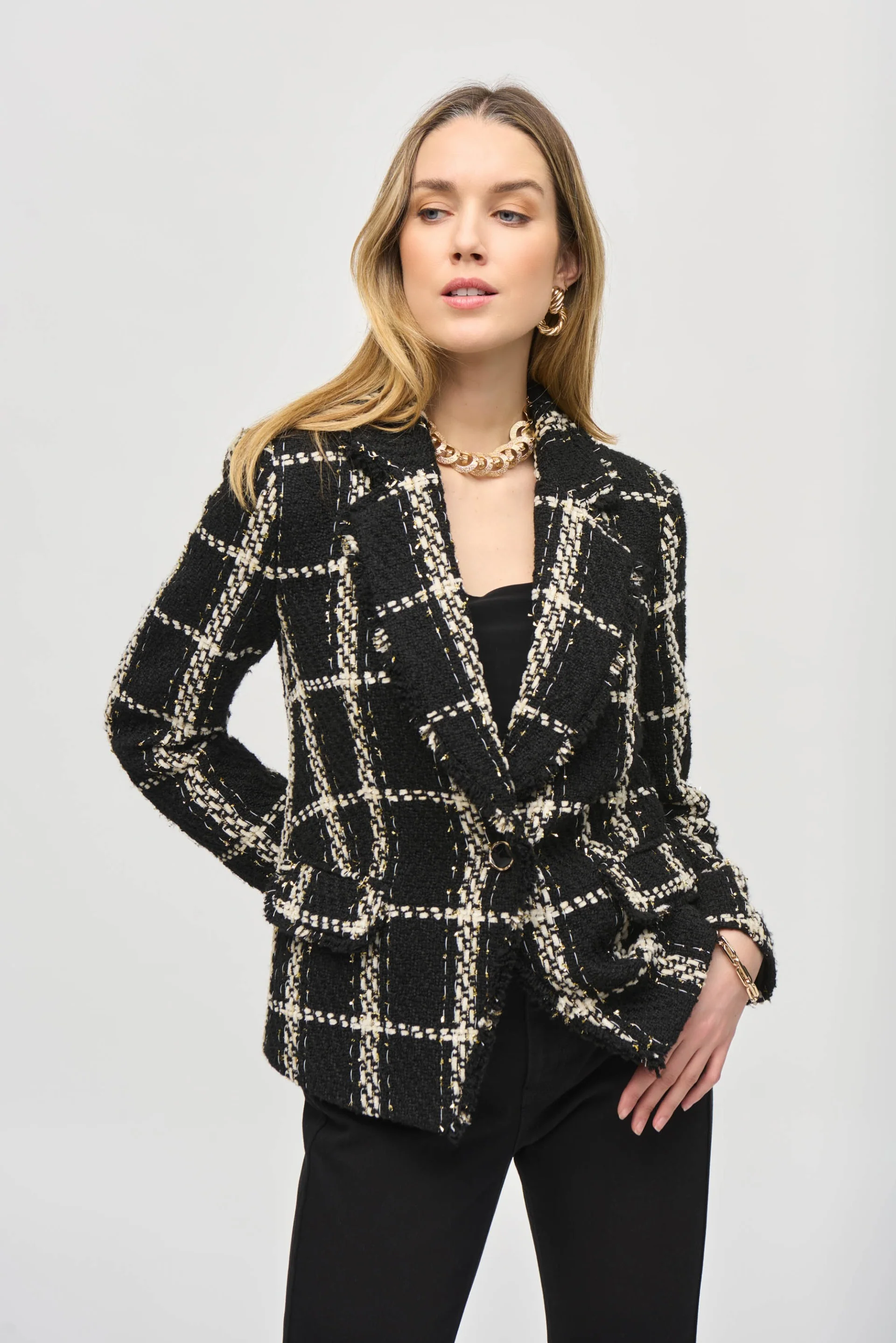 Joseph Ribkoff Black/Vanilla Plaid Bouclé Blazer With Pockets Style 243960 - Image 3