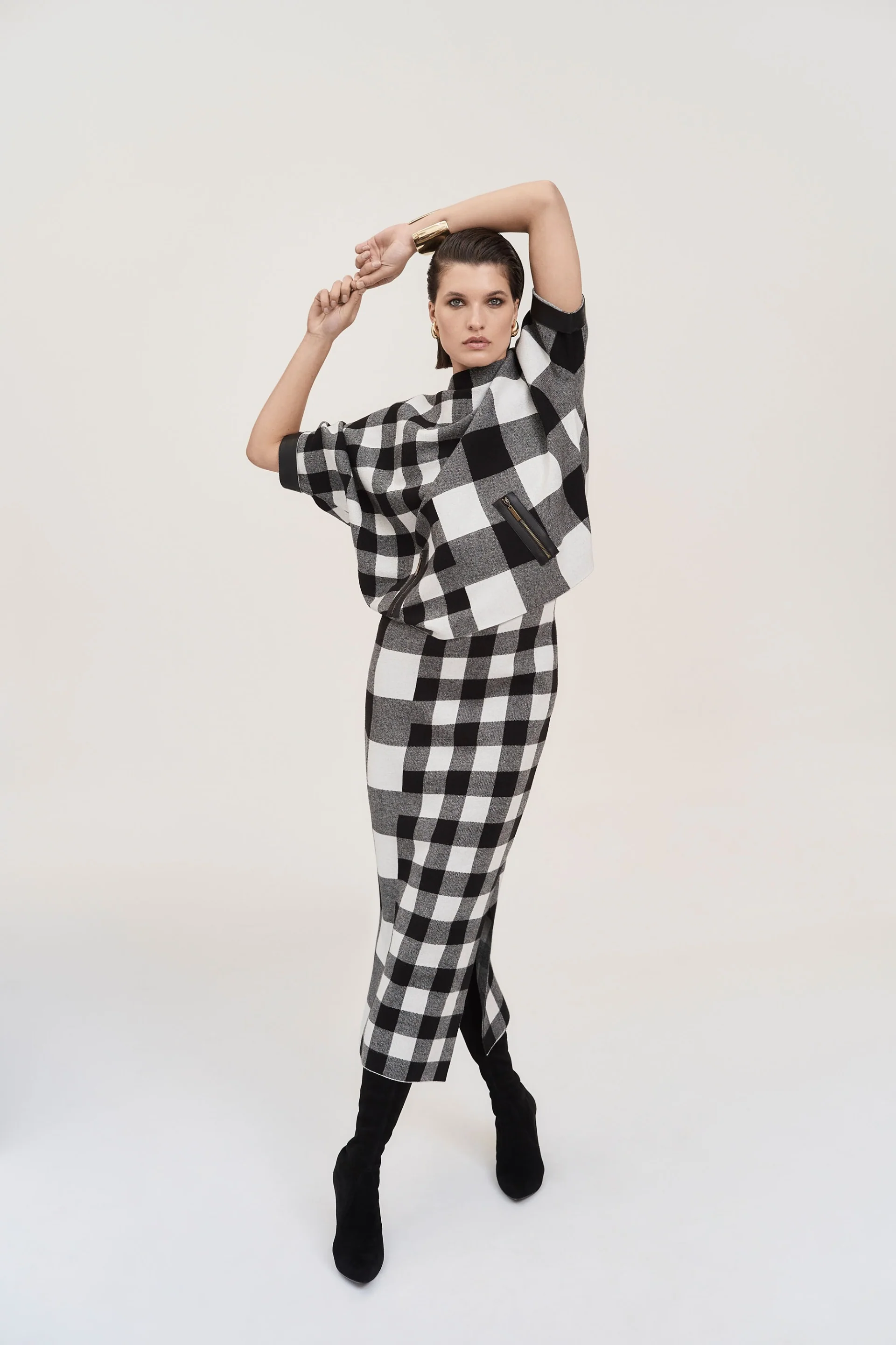 Joseph Ribkoff Black/Vanilla Plaid Jacquard Knit Sweater Style 243946 - Image 2