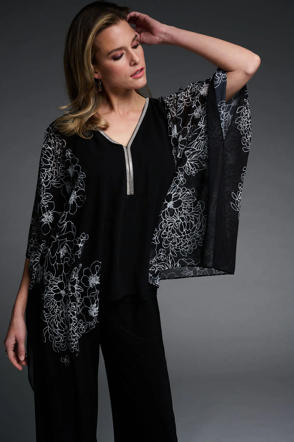 Joseph Ribkoff Black/Vanilla Sheer Top with Floral Overlay Style 223741 - Image 2