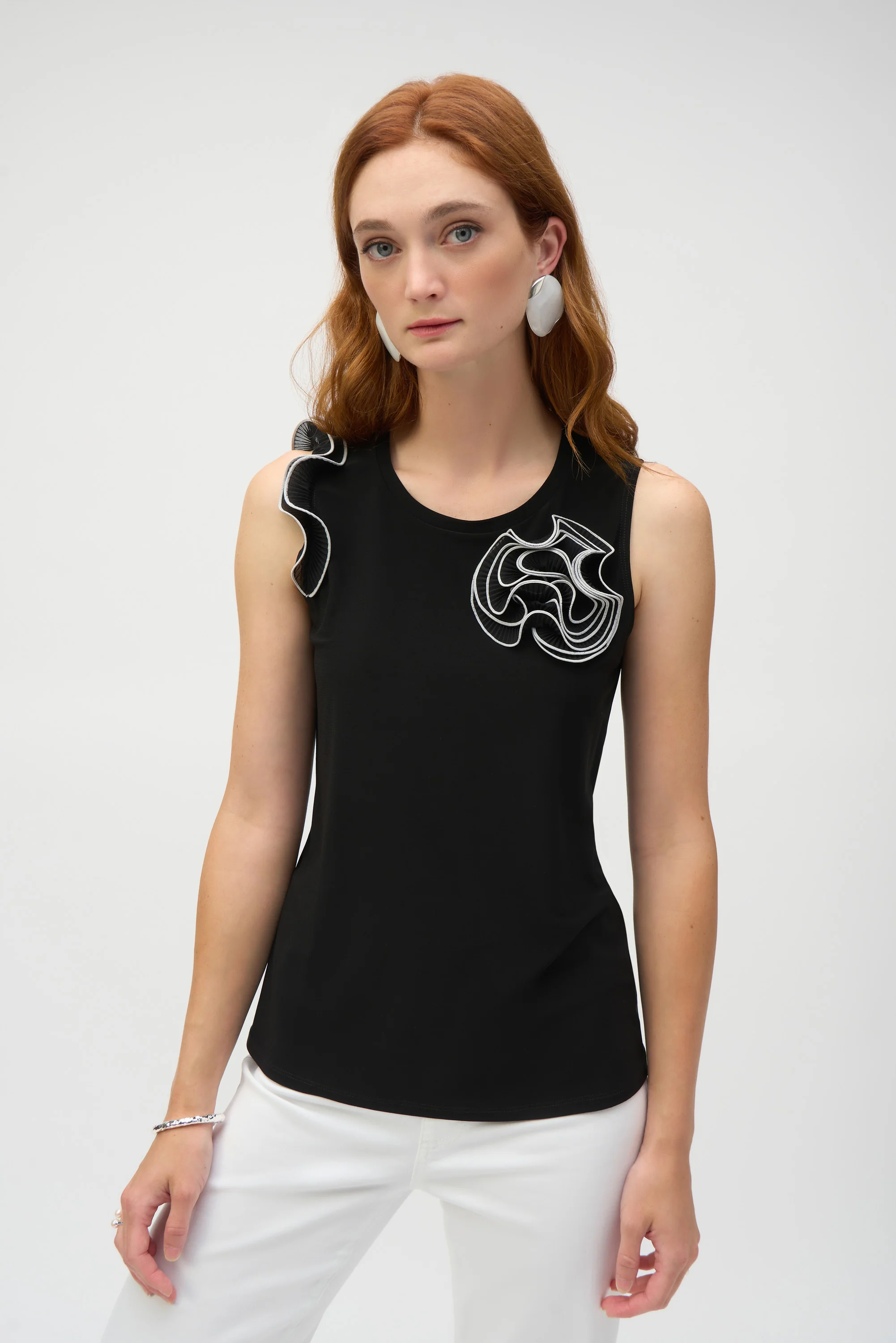 Joseph Ribkoff Black/Vanilla Silky Knit and Chiffon Fitted Top Style 252075