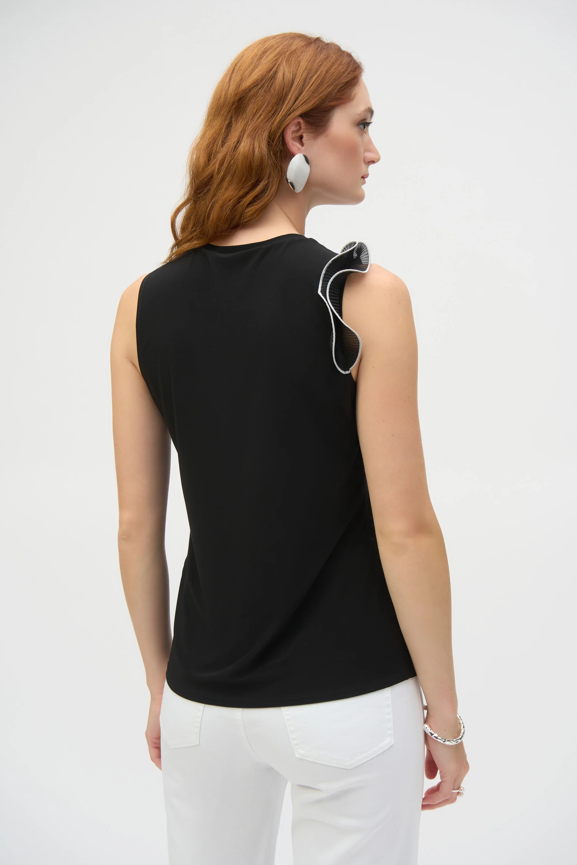 Joseph Ribkoff Black/Vanilla Silky Knit and Chiffon Fitted Top Style 252075 - Image 4
