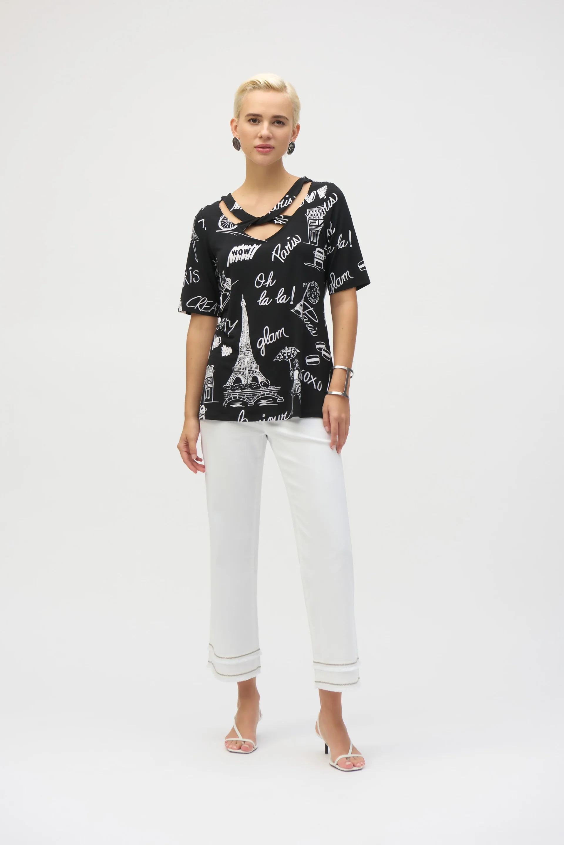 Joseph Ribkoff Black/Vanilla Silky Knit Conversational Print Fitted Tunic Style 252074 - Image 2