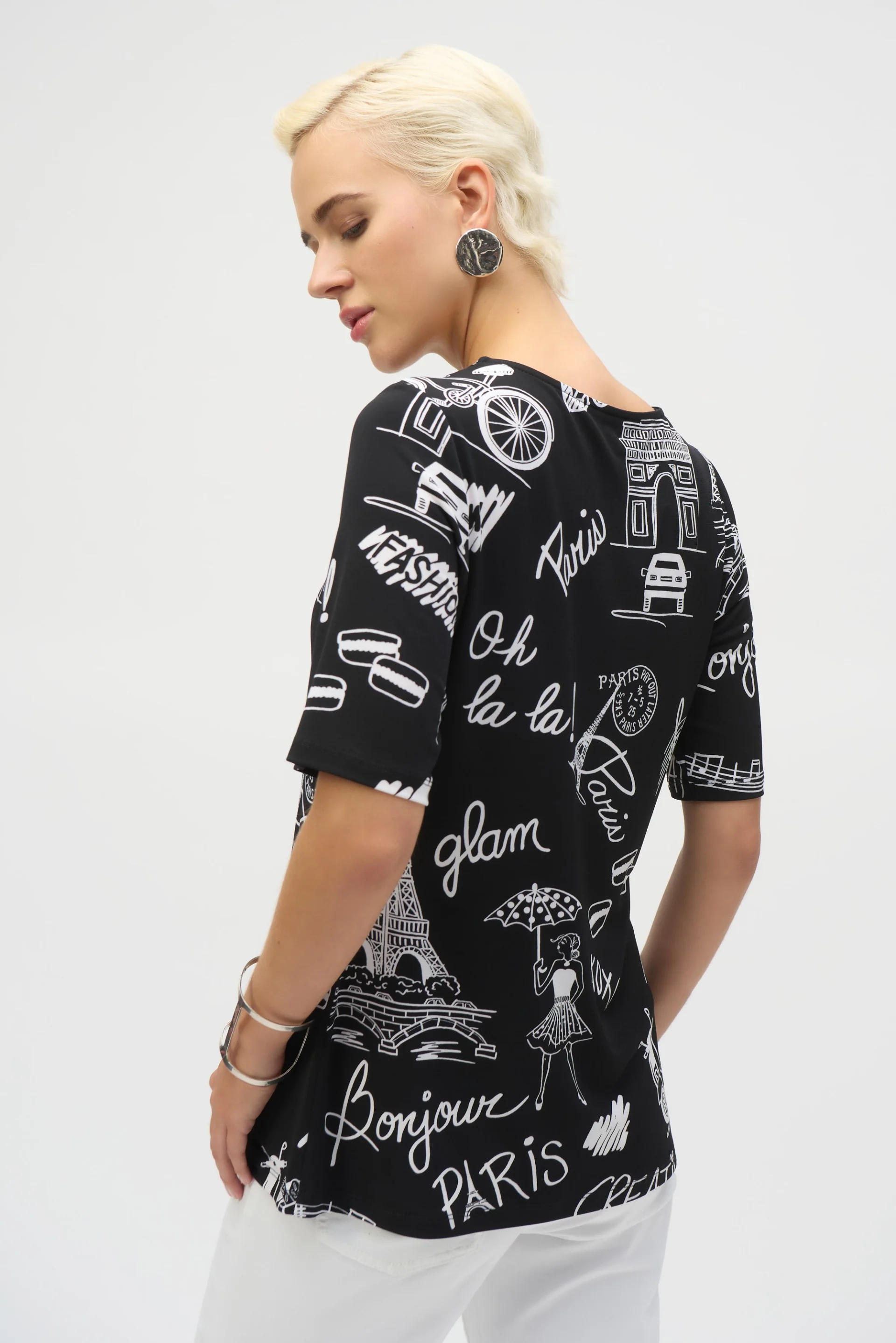 Joseph Ribkoff Black/Vanilla Silky Knit Conversational Print Fitted Tunic Style 252074 - Image 4