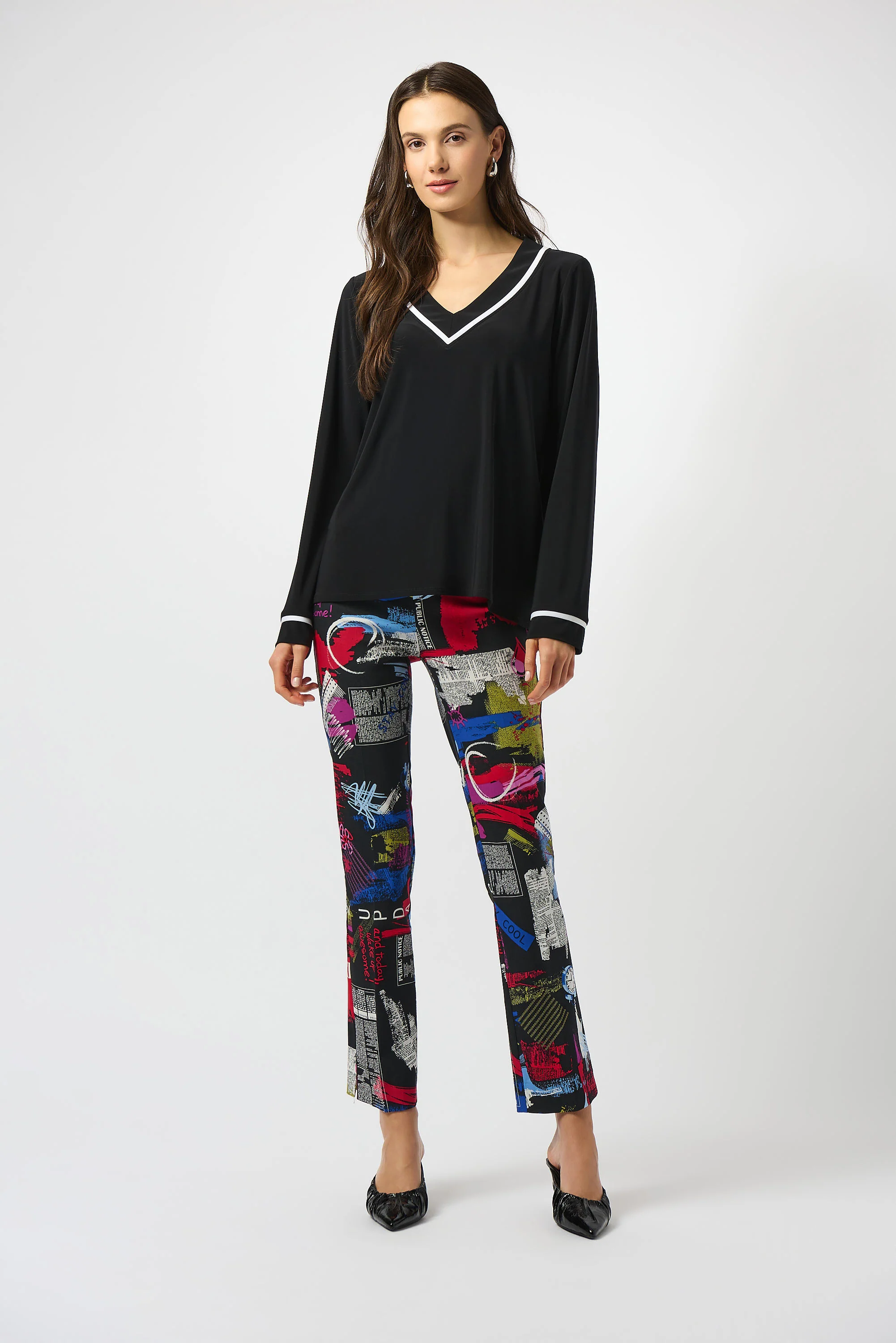 Joseph RIbkoff Black/Vanilla Silky Knit Straight Top With Contrast Detail Style 253171