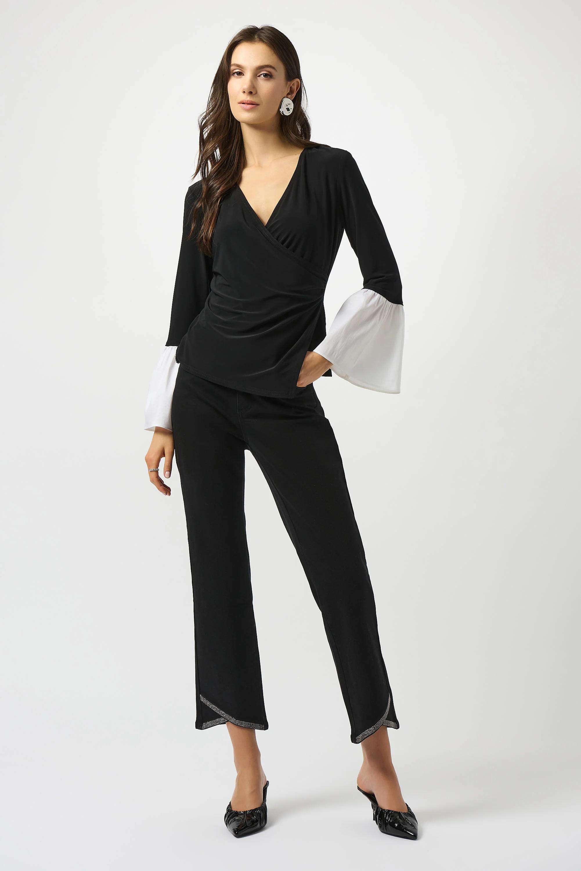 Joseph Ribkoff Black/Vanilla Silky Knit & Stretch Taffeta Wrap Top Style 253283