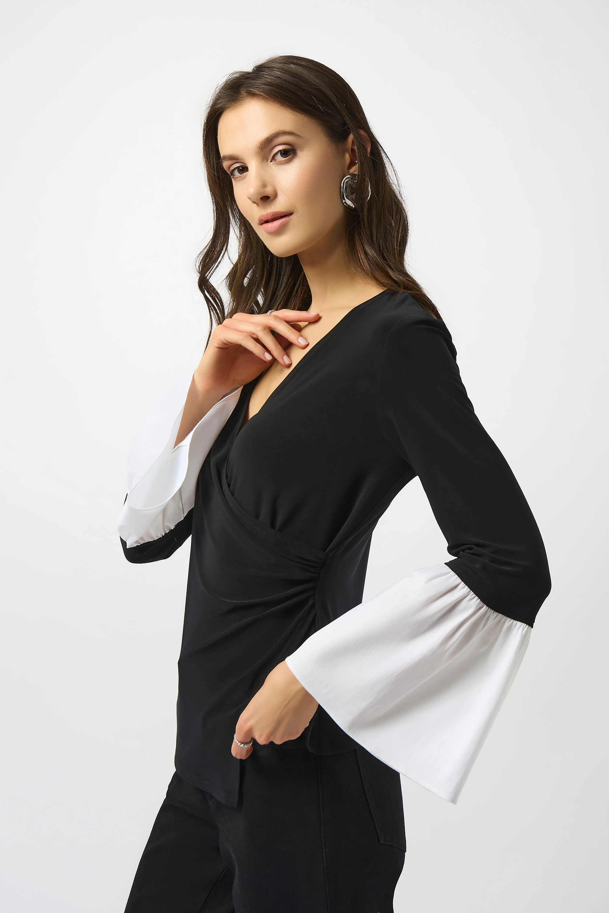 Joseph Ribkoff Black/Vanilla Silky Knit & Stretch Taffeta Wrap Top Style 253283 - Image 2