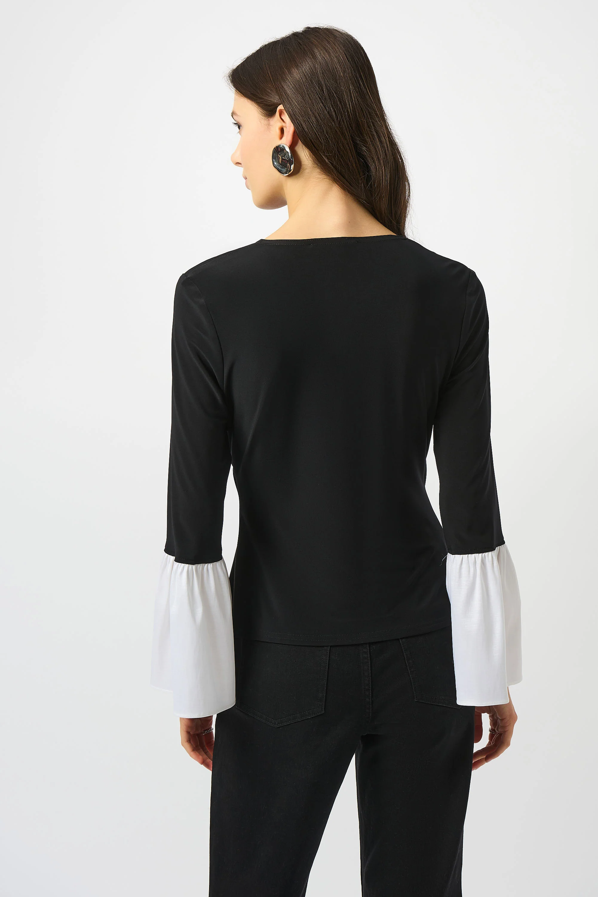 Joseph Ribkoff Black/Vanilla Silky Knit & Stretch Taffeta Wrap Top Style 253283 - Image 3