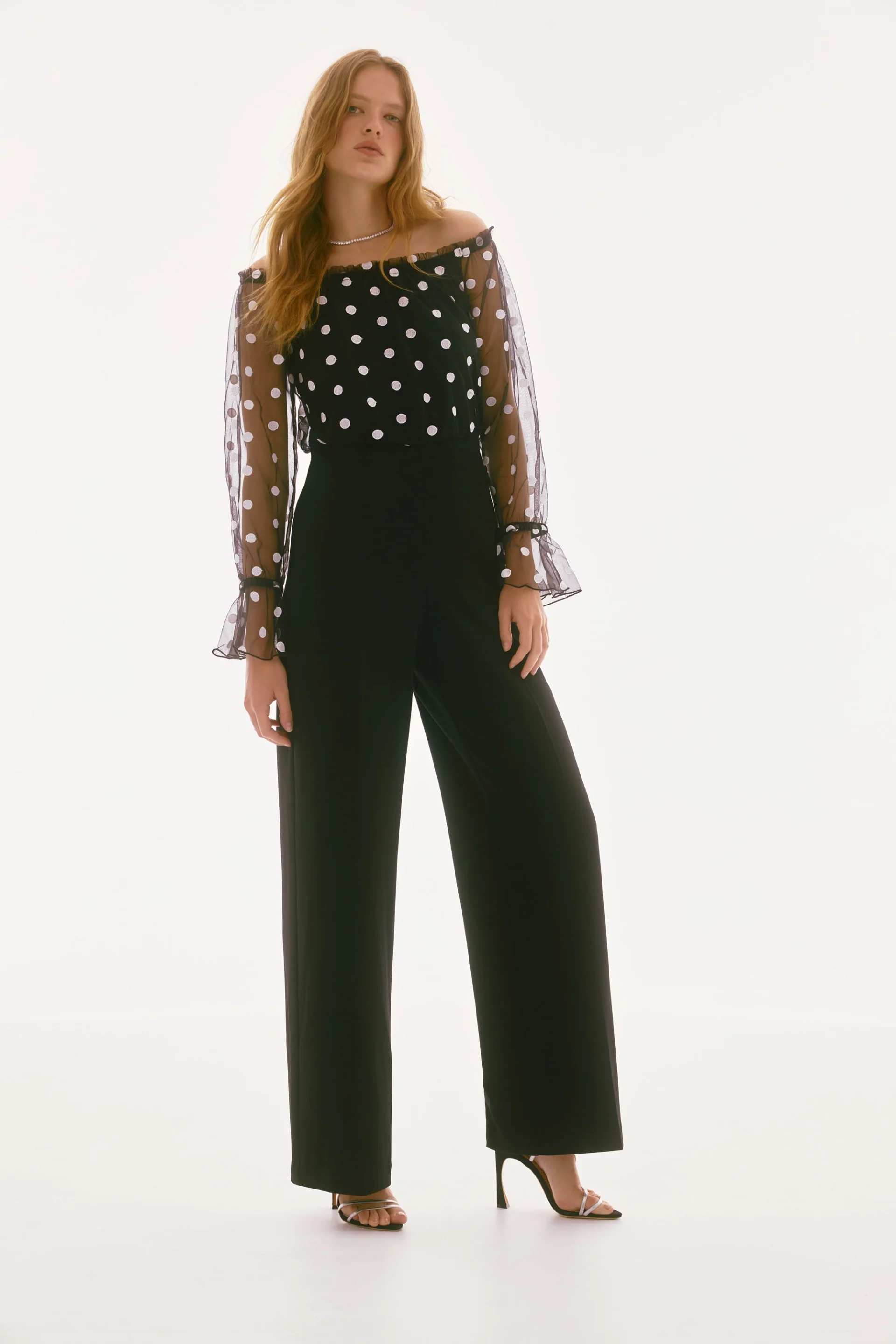Joseph Ribkoff Black/White Dot Mesh And Scuba Crepe Jumpsuit Style 251708 - Image 2