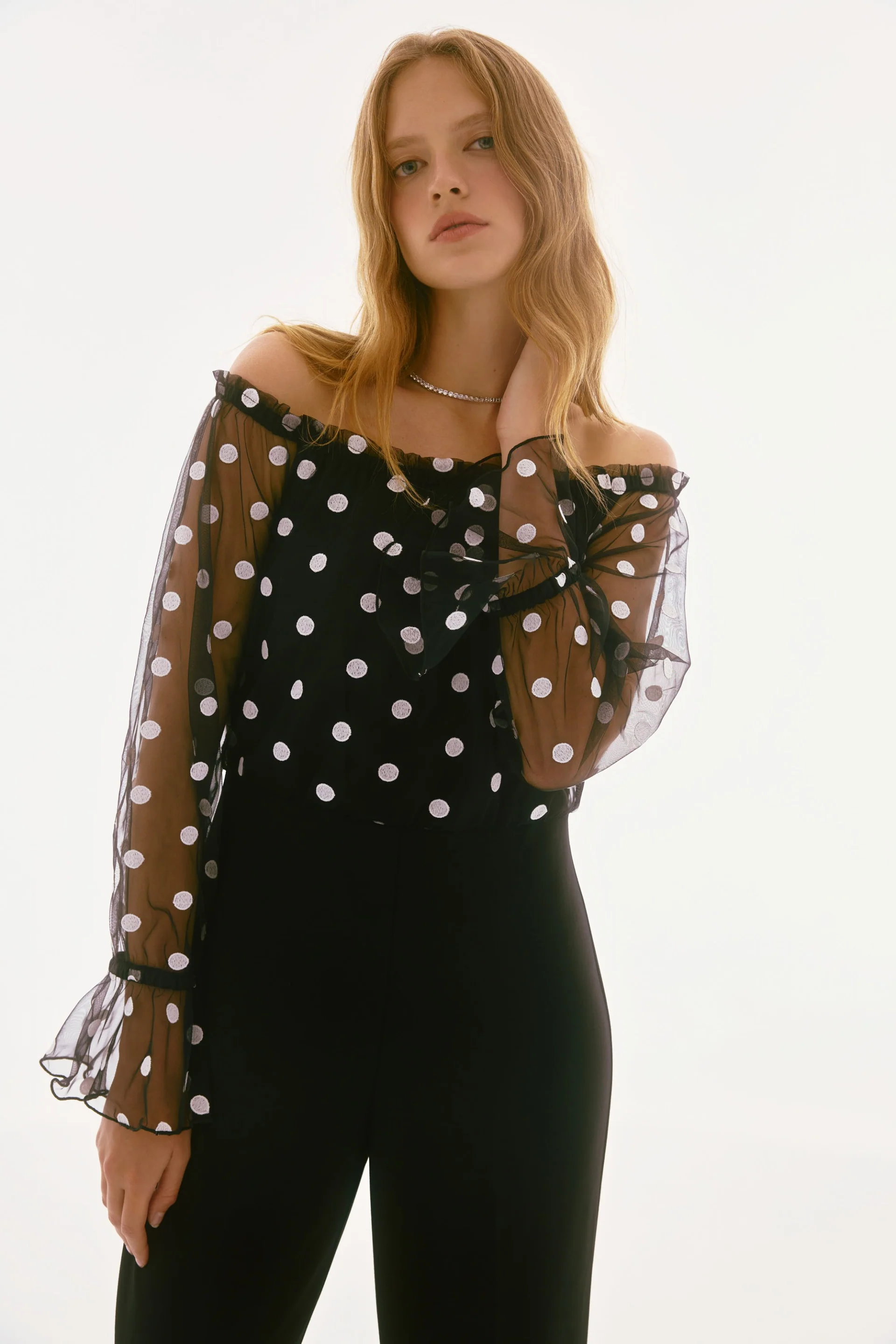 Joseph Ribkoff Black/White Dot Mesh And Scuba Crepe Jumpsuit Style 251708 - Image 3