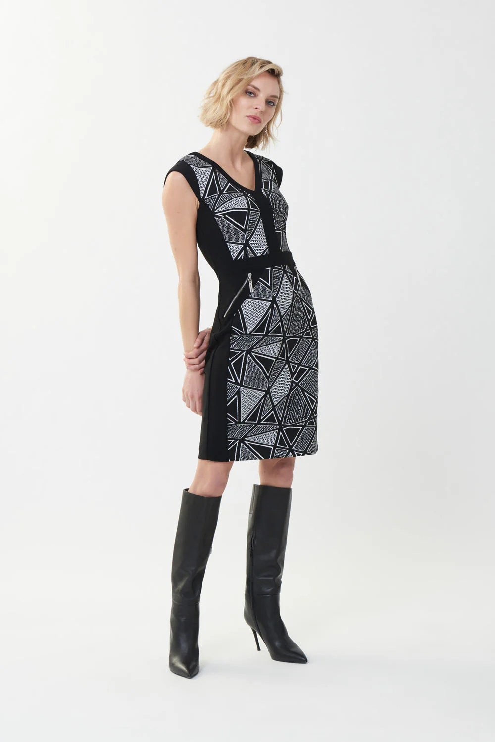 Joseph Ribkoff Black/White Jacquard Dress Style 223079 - Image 4