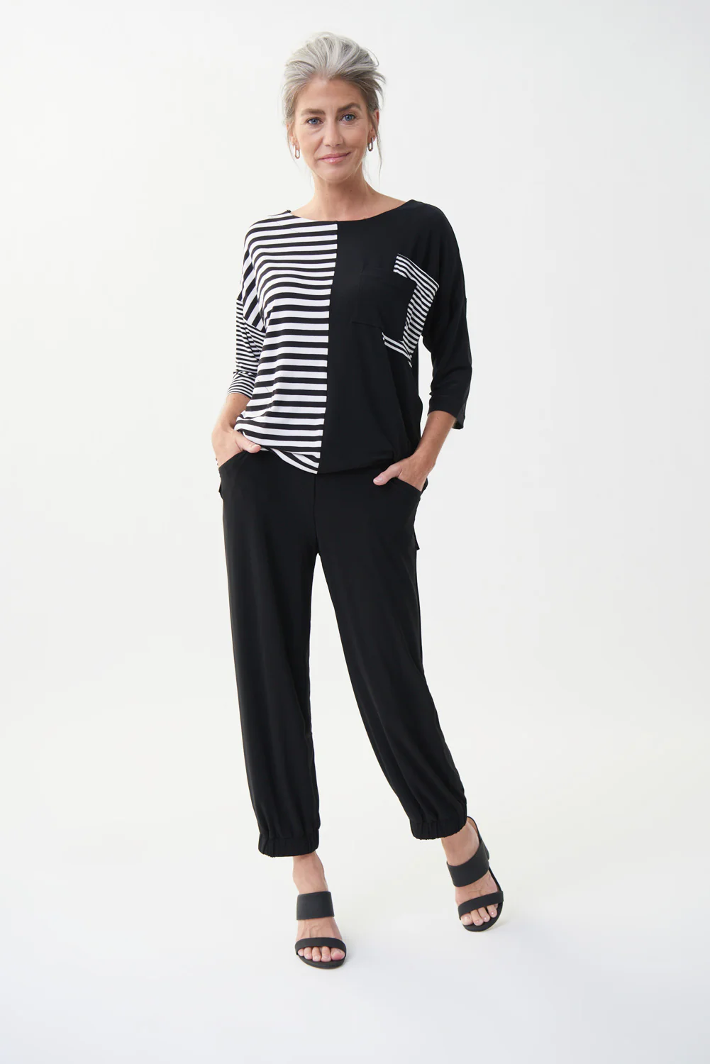 Joseph Ribkoff Black/White Striped Colour-Blocked Top Style 222159