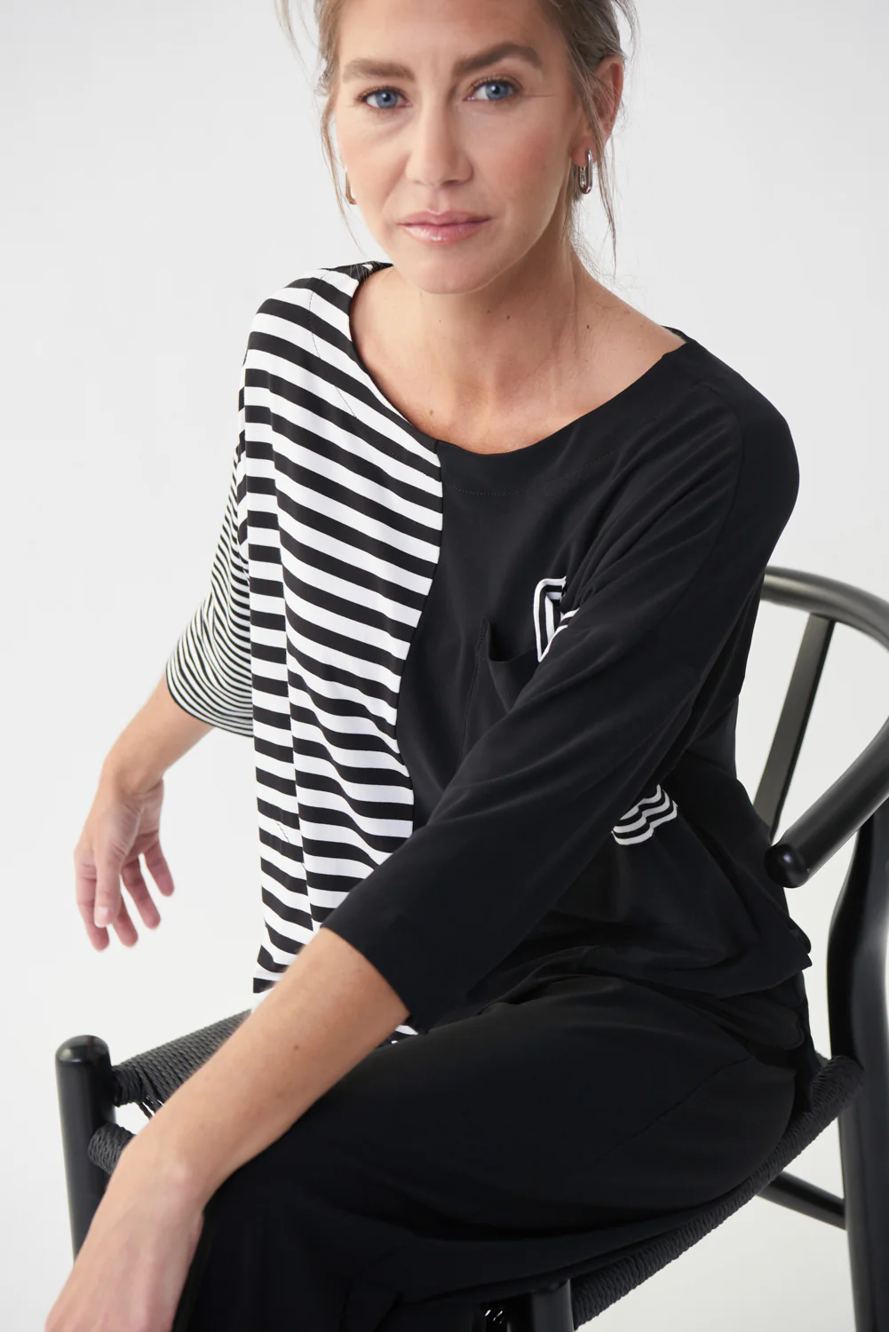 Joseph Ribkoff Black/White Striped Colour-Blocked Top Style 222159 - Image 2
