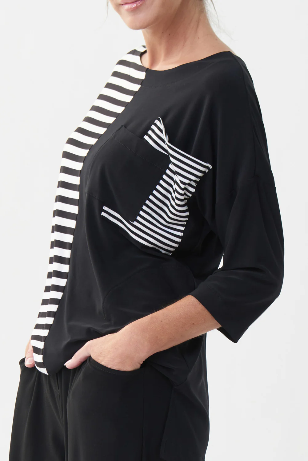 Joseph Ribkoff Black/White Striped Colour-Blocked Top Style 222159 - Image 3