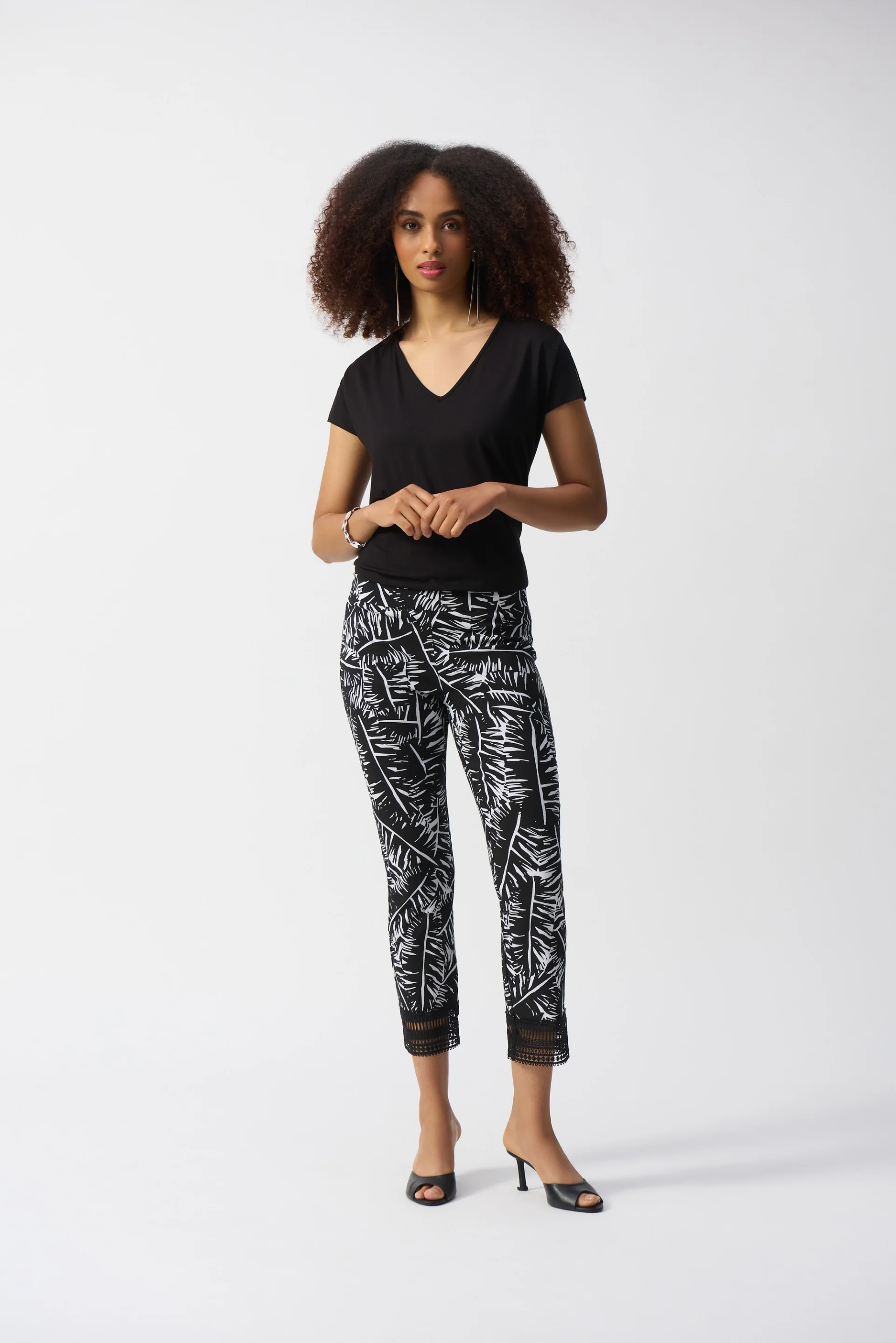 Joseph Ribkoff Black/White Tropical Print Pull-On Pants Style 251218 - Image 4
