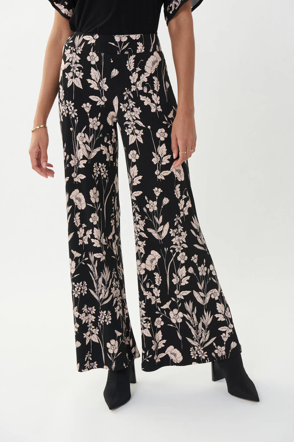 Joseph Ribkoff Black Wide Leg Pants with Beige Floral Print Style 223296