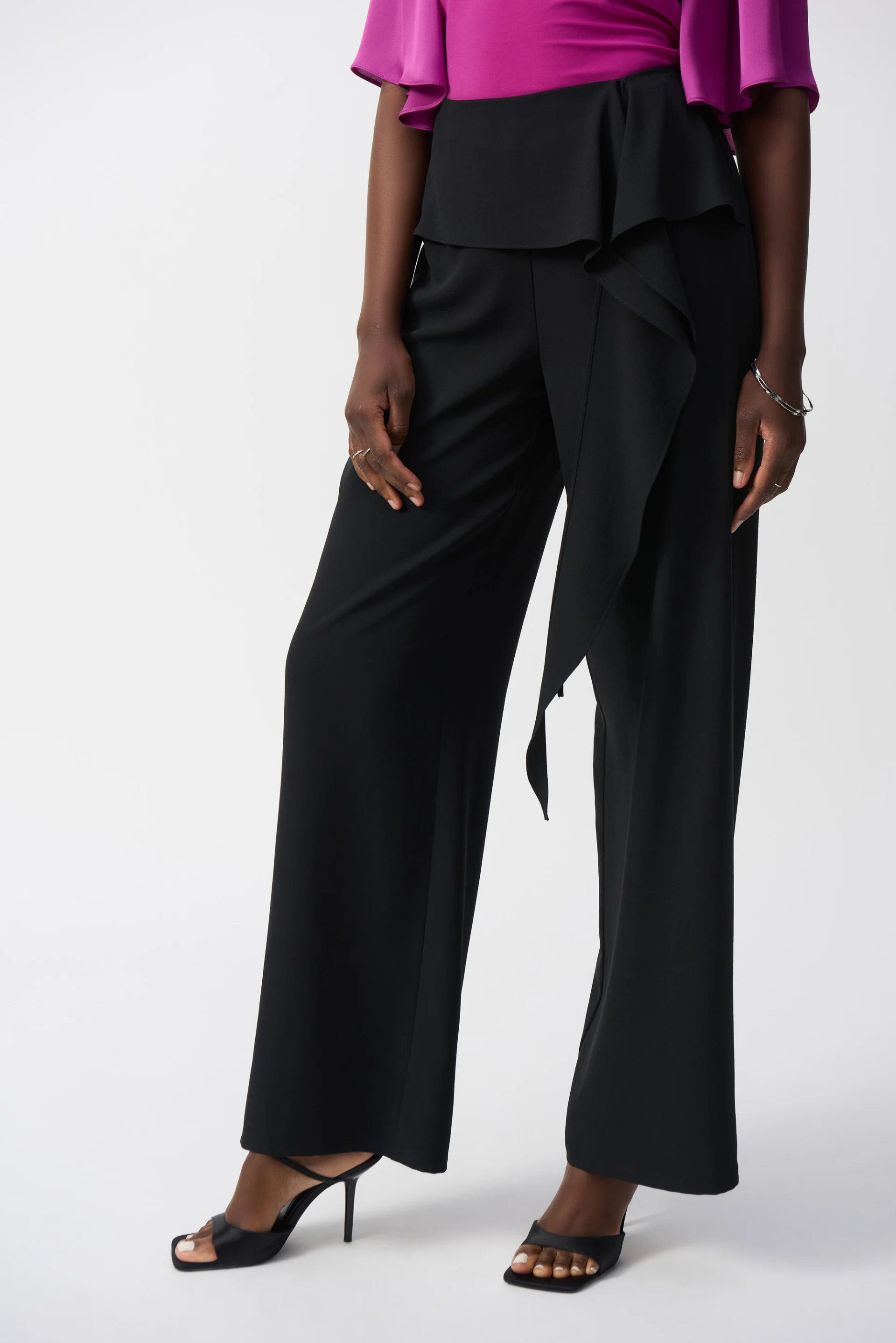 Joseph Ribkoff Black Woven Wide Leg Pants With Front Tie Style 251211