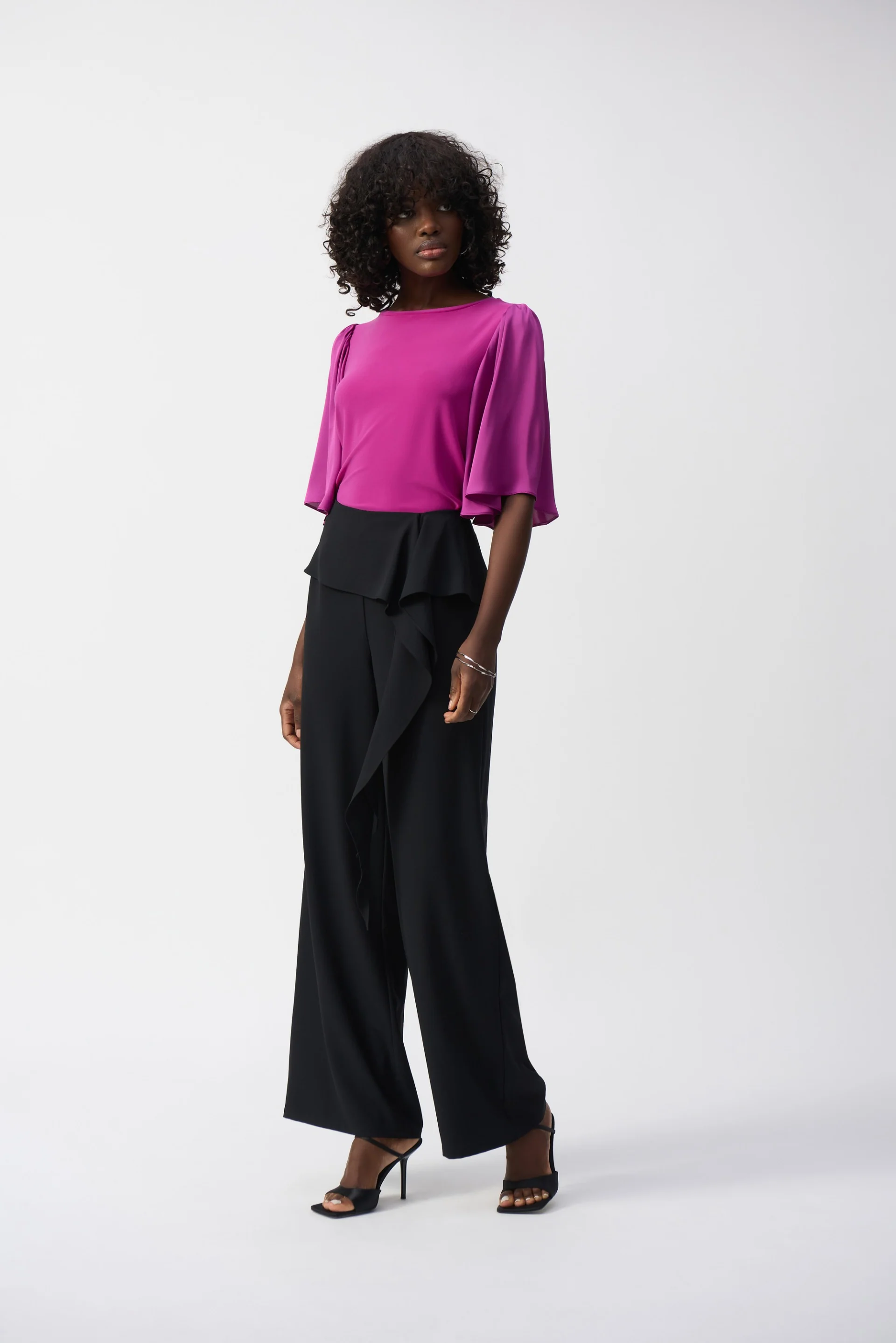 Joseph Ribkoff Black Woven Wide Leg Pants With Front Tie Style 251211 - Image 2