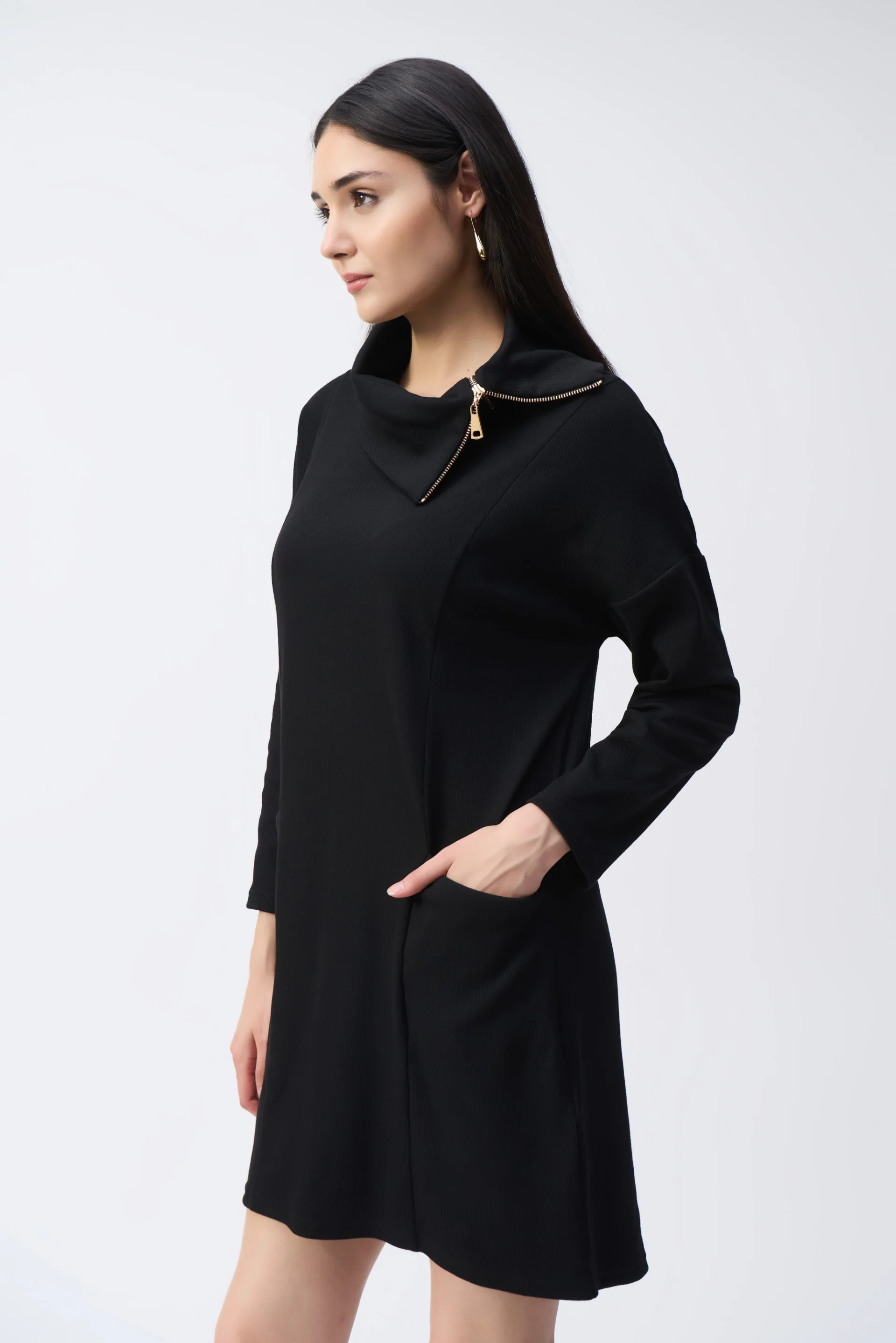 Joseph Ribkoff Black Zipper Collar Cocoon Dress Style 243207 - Image 2