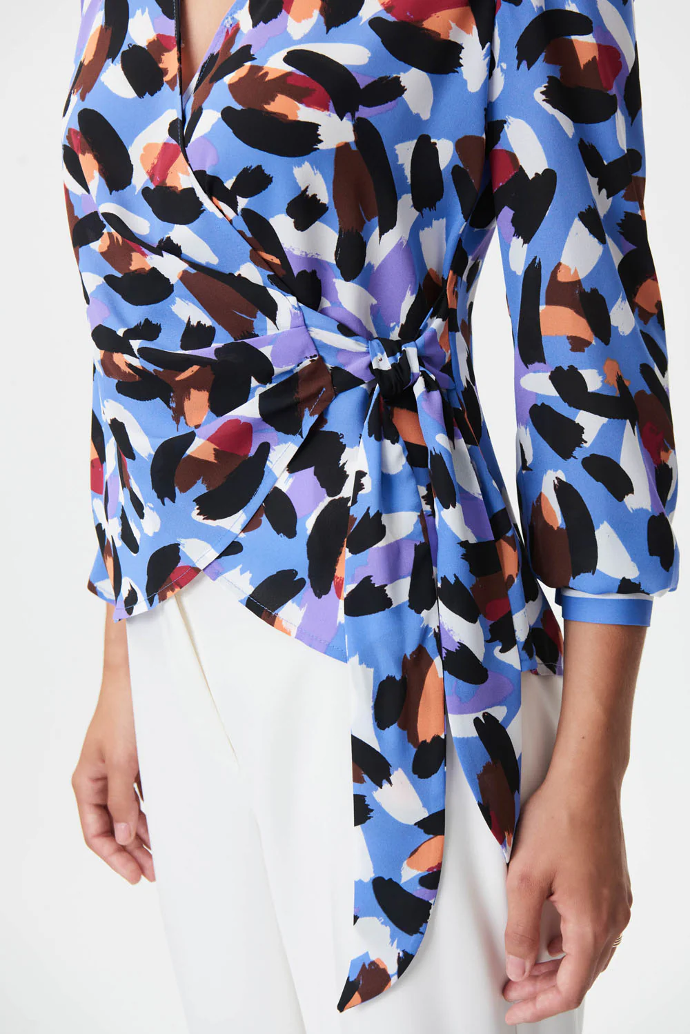 Joseph Ribkoff Blue/Multi Animal Print Georgette Wrap Blouse Style 232171 - Image 2