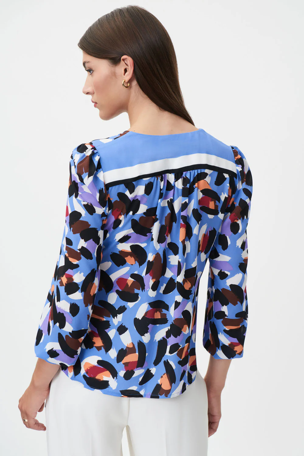 Joseph Ribkoff Blue/Multi Animal Print Georgette Wrap Blouse Style 232171 - Image 3