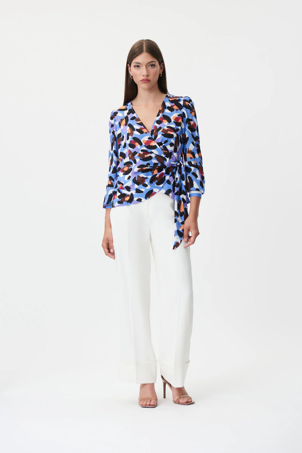Joseph Ribkoff Blue/Multi Animal Print Georgette Wrap Blouse Style 232171 - Image 4