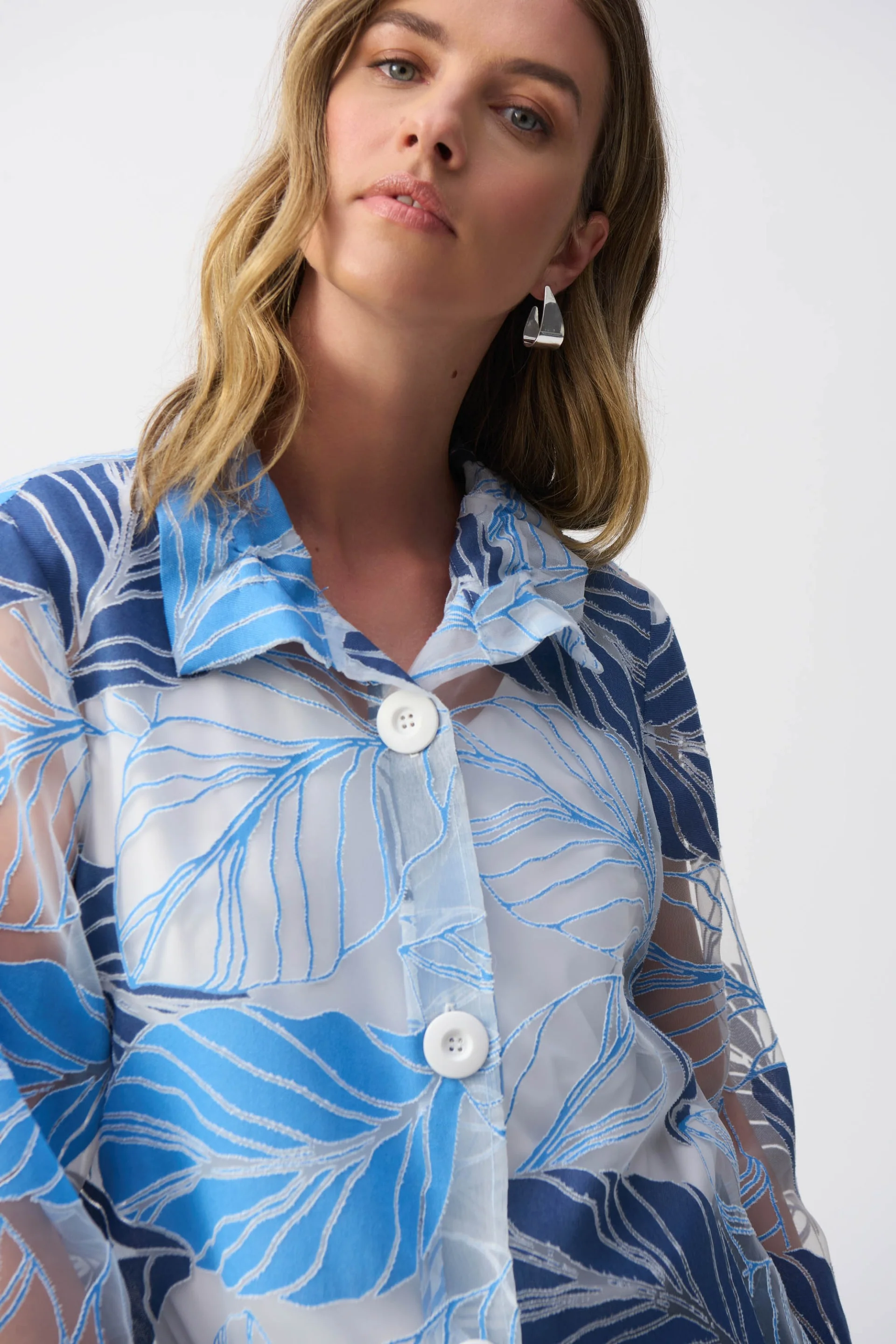 Joseph Ribkoff Blue/Multi Novelty Leaf-Print Trapeze Jacket Style 251135 - Image 6