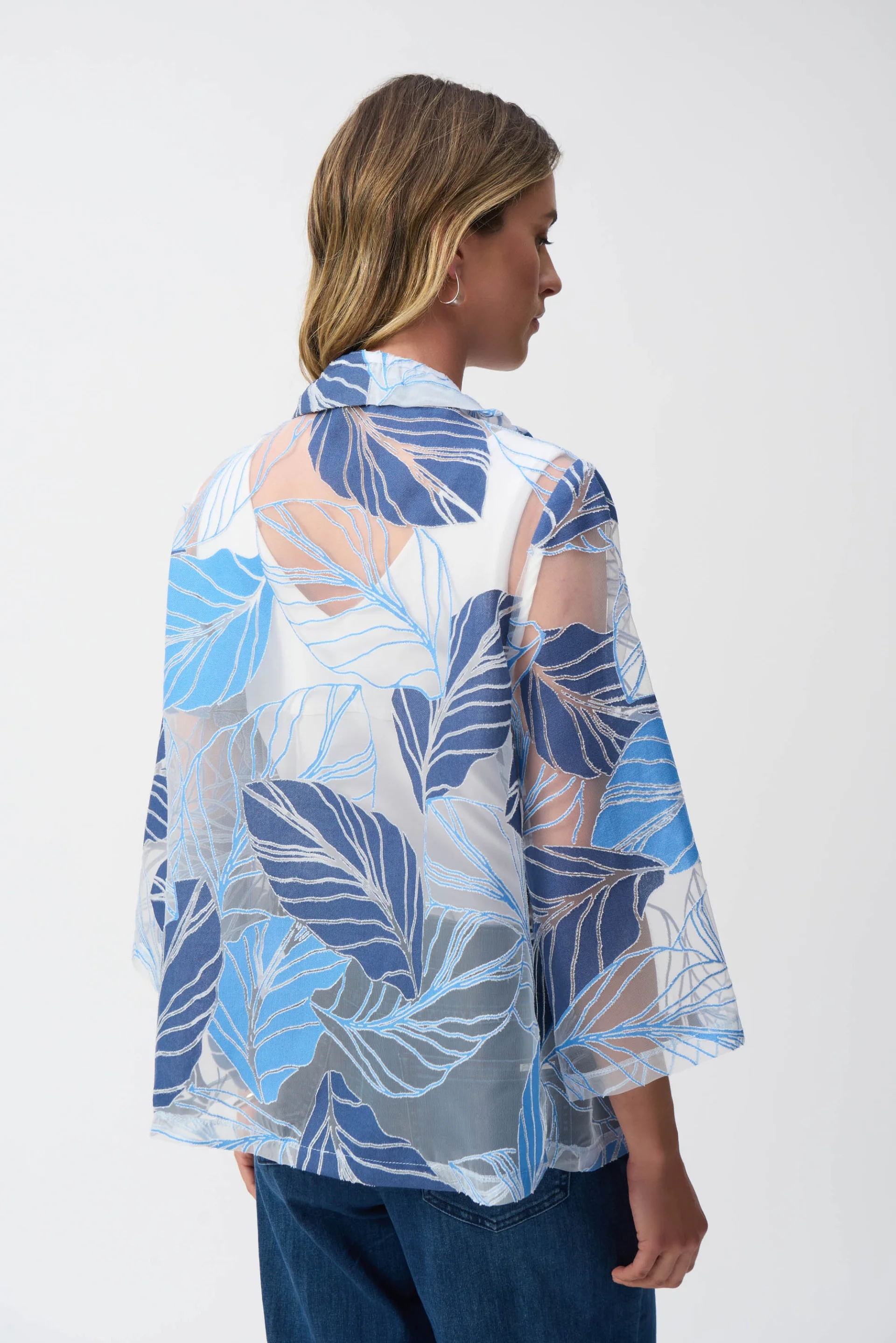 Joseph Ribkoff Blue/Multi Novelty Leaf-Print Trapeze Jacket Style 251135 - Image 8