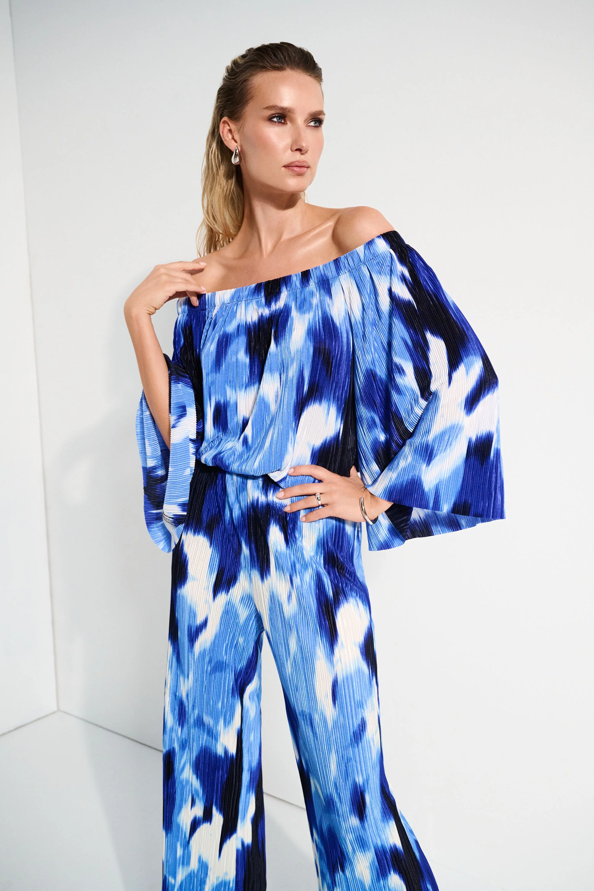Joseph Ribkoff Blue/Vanilla Pleated Novelty Tropical Print Off-Shoulder Top Style 252227
