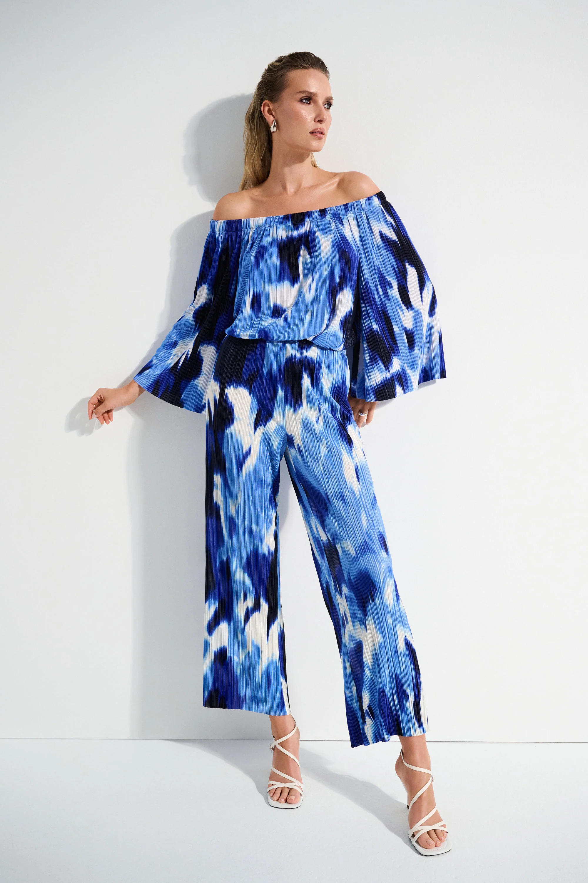 Joseph Ribkoff Blue/Vanilla Pleated Novelty Tropical Print Off-Shoulder Top Style 252227 - Image 2