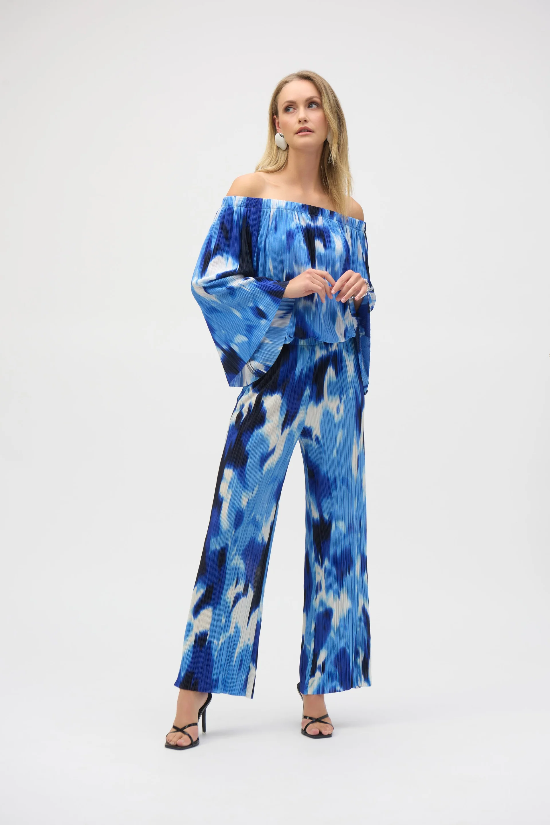 Joseph Ribkoff Blue/Vanilla Pleated Novelty Tropical Print Off-Shoulder Top Style 252227 - Image 5