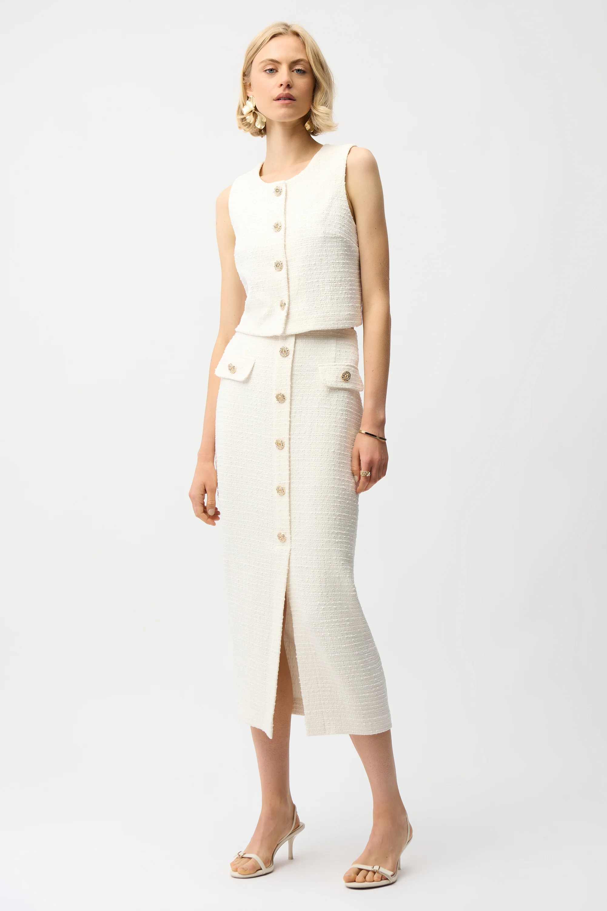 Joseph Ribkoff Bouclé Pencil Skirt With Gold Buttons Style 261301 - Image 2