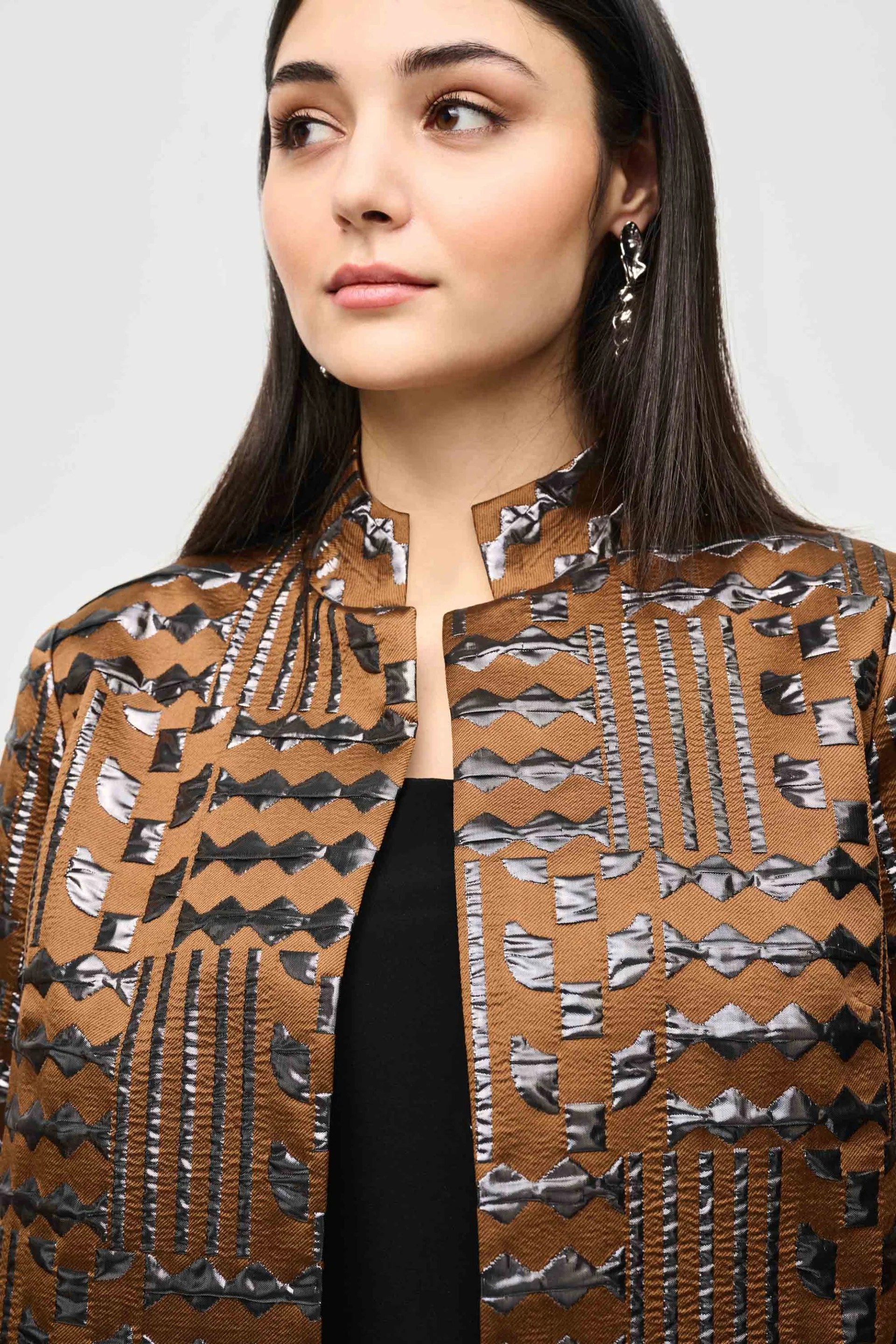 Joseph Ribkoff Brown/Gunmetal Geometric Print Boxy Jacket Style 243192 - Image 3
