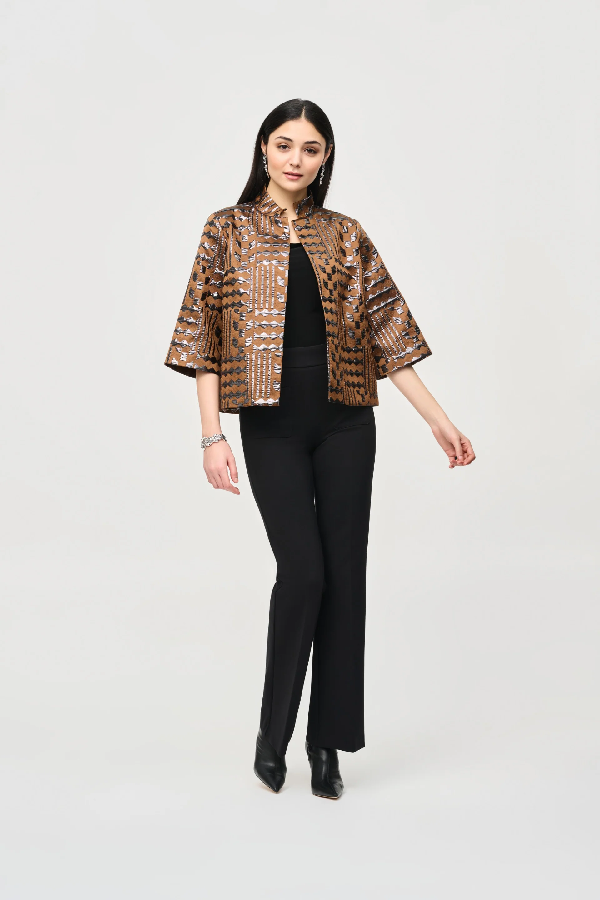 Joseph Ribkoff Brown/Gunmetal Geometric Print Boxy Jacket Style 243192 - Image 4