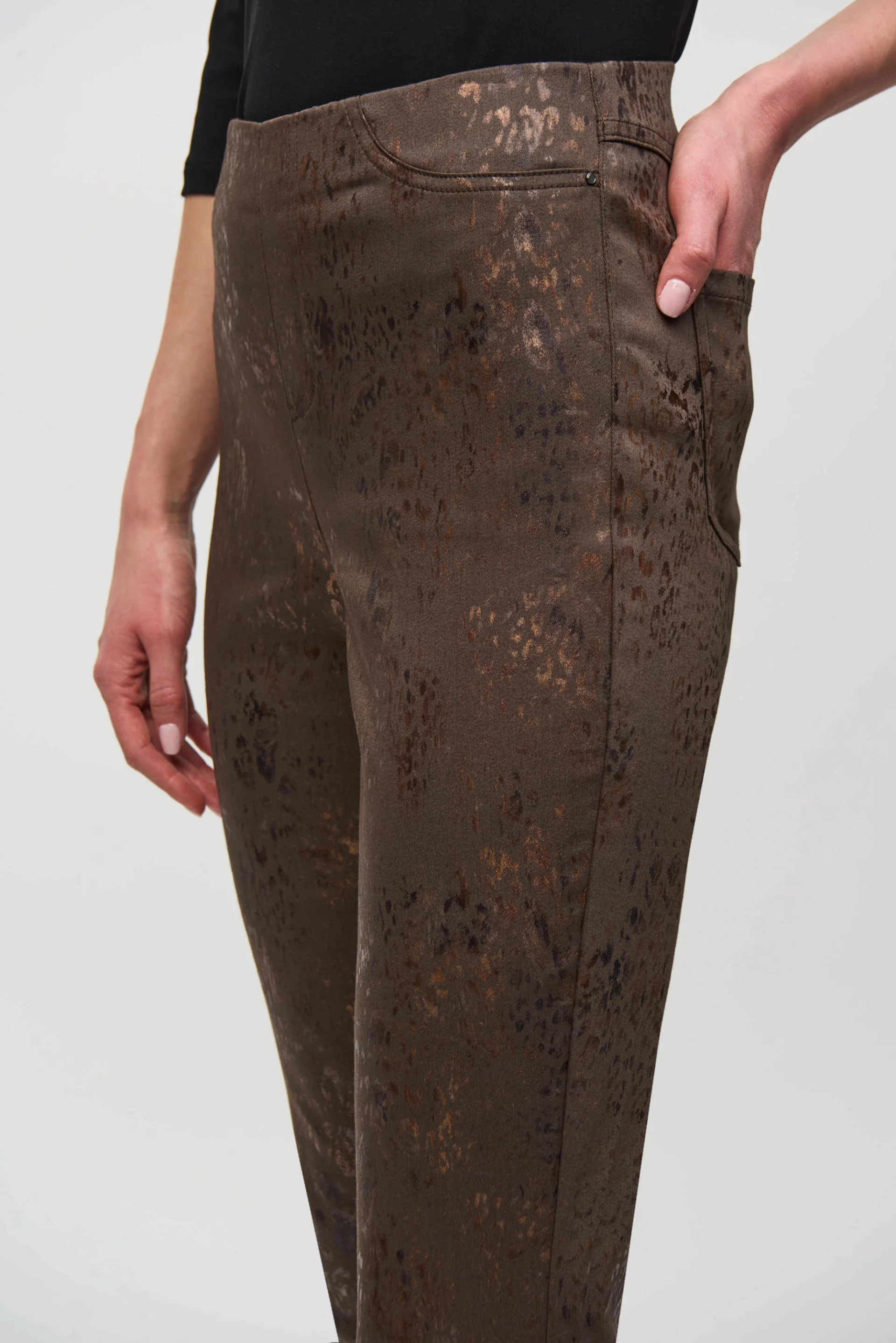 Joseph Ribkoff Brown/Multi Foiled Animal Print Classic Denim Pants Style 244945 - Image 3